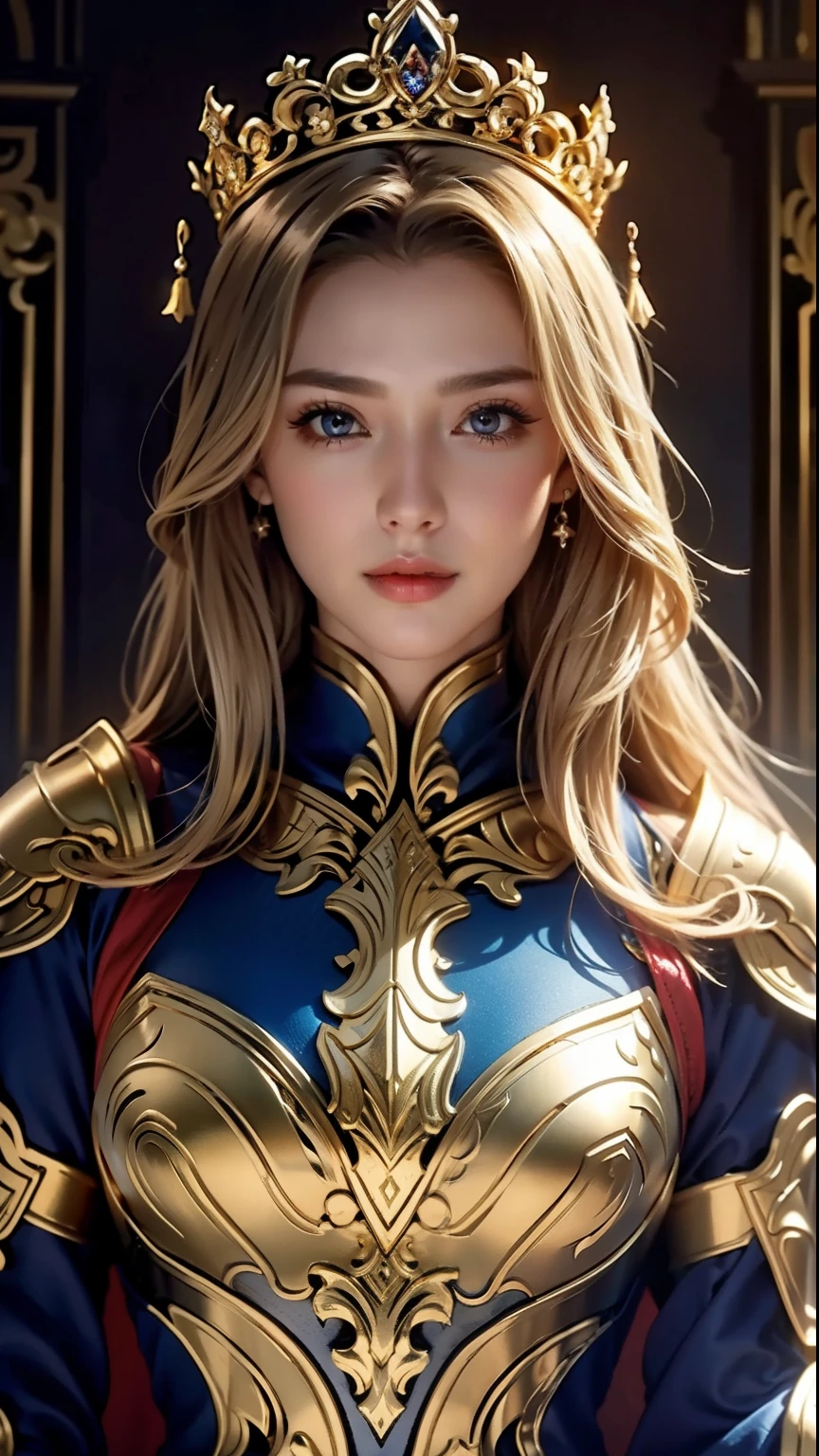 ((Best quality)), ((masterpiece)), (highly detailed:1.3),a woman wearing black armor, long hair. Holding a luxury sword, armor damaged war scene, super cute face, super slim body, super slim, small waist, super perfect huge breast, perfect huge round breast, smooth skin, silky hair, blue eye, 16 year old, red robe,blue hijab with a princess crown , luxury golden pattern armor, blonde, fighting style, red lips, blushing, erect nipples