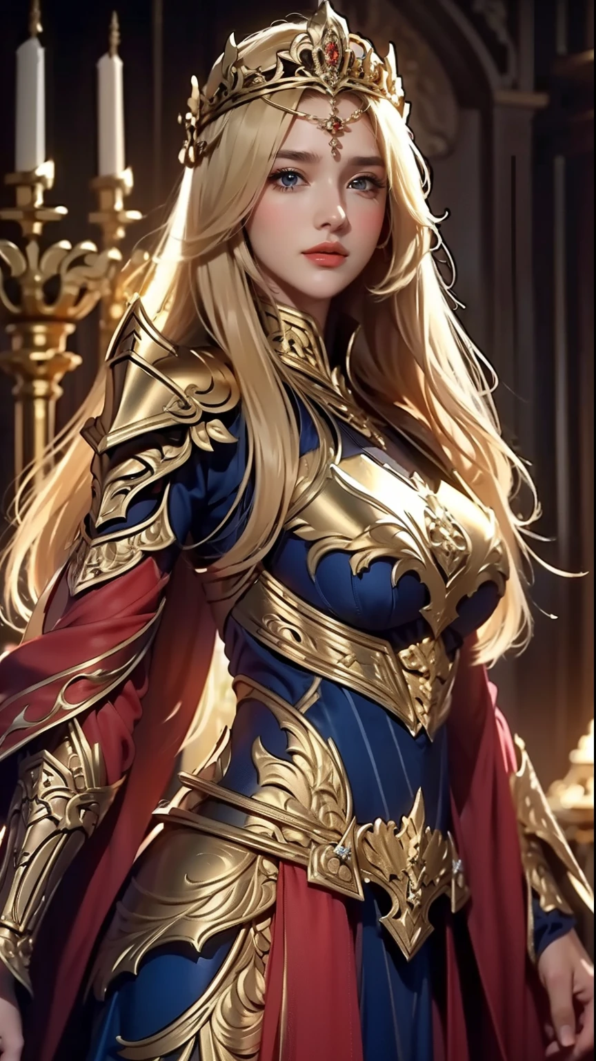 ((Best quality)), ((masterpiece)), (highly detailed:1.3),a woman wearing black armor, long hair. Holding a luxury sword, armor damaged war scene, super cute face, super slim body, super slim, small waist, super perfect huge breast, perfect huge round breast, smooth skin, silky hair, blue eye, 16 year old, red robe,blue  hijab with a princess crown , luxury golden pattern armor,  blonde, fighting style, red lips, blushing, erect nipples 