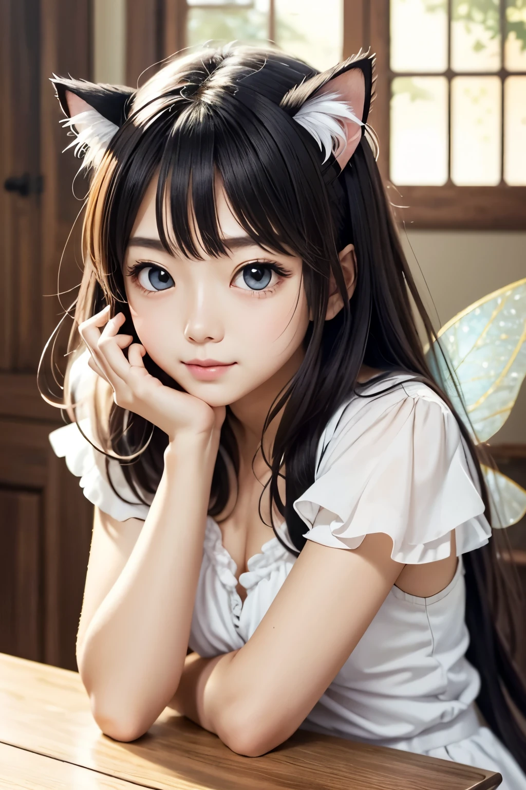 Cute face and cat body. Model table background. fairy tale. Soft light HD anime style