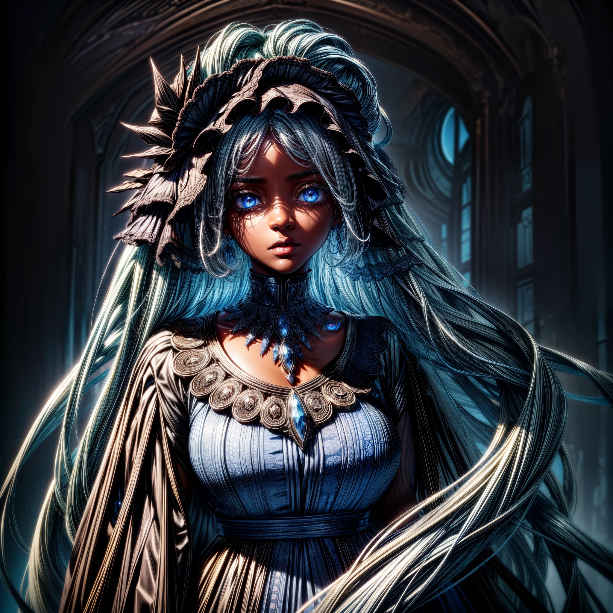 masterpiece, best quality, ultra high resolution, 1 dark skinned African girl, (fractal art: 1.3), long white hair, blue eyes, beautiful eyes, detailed eyes, glowing eyes, deep shadow, dark theme, fully dressed, necklace, abandoned, add_detail:2