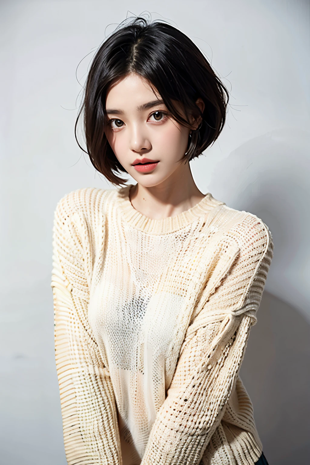 1girl, sweater, white background, short hair, black hair