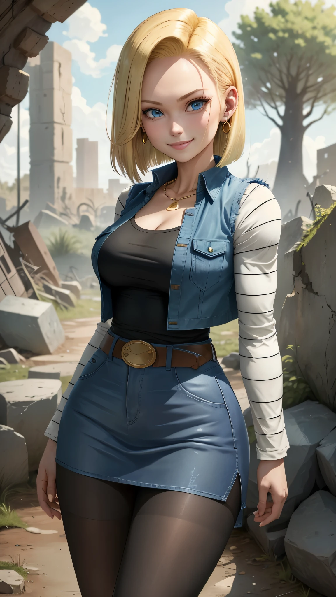 best quality, high-res, and18, 1girl, android 18, solo, blonde hair, blue eyes, belt, blue demin bodycon skirt, gold necklace, black shirt, short hair, long sleeves, striped sleeves, earrings, open vest, blue denim vest, large breasts, cowboy shot, forest, straight-on, (weather: windy), combat ready position, full length pantyhose, battle ruins, wide hips, shy smile,