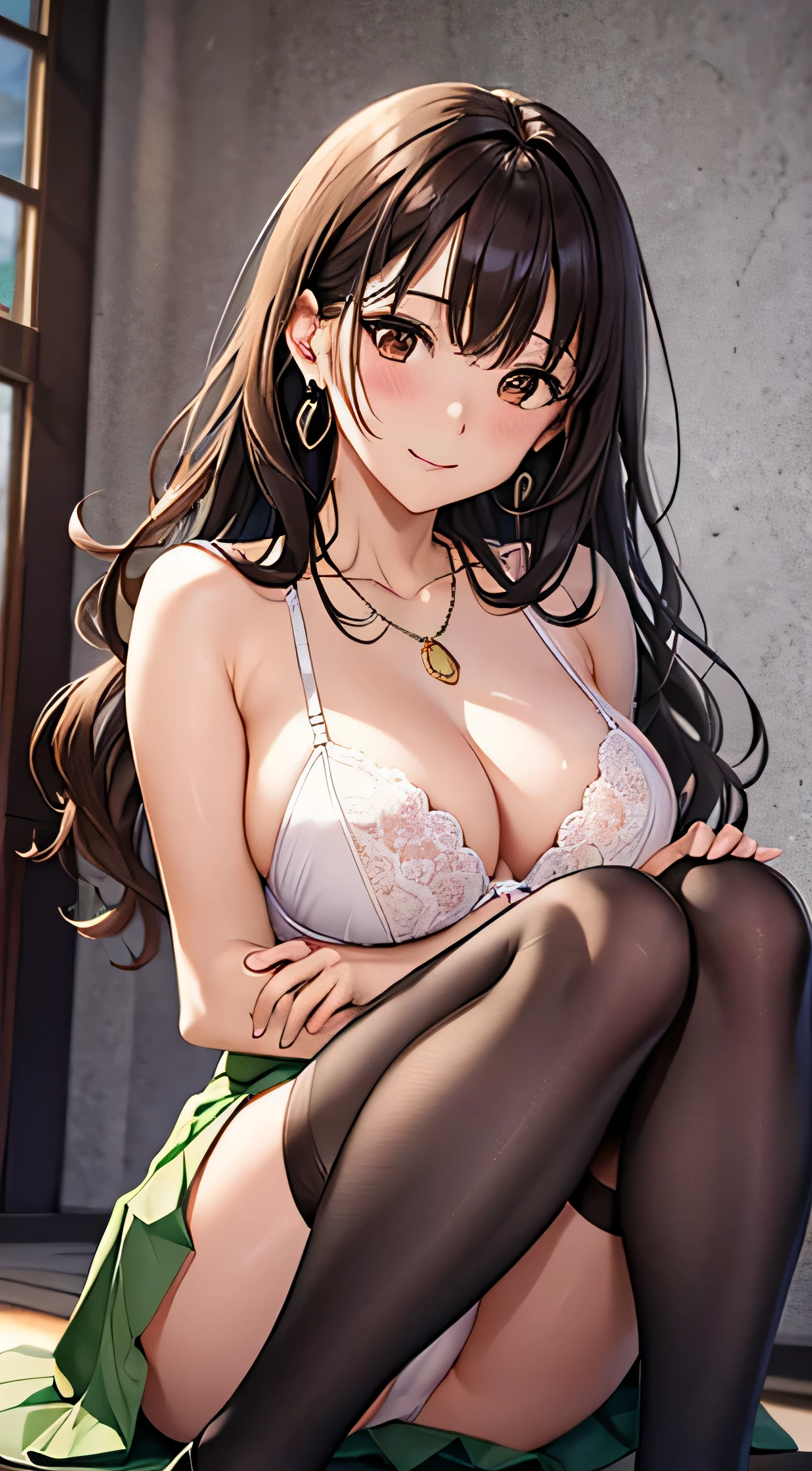 (table top, highest quality, High resolution, , perfect pixel, 4k,), 1 girl, single, alone, Beautiful woman、I could see the whole body、 ((Wavy mid-hair, bangs, brown hair)), ((brown eyes, beautiful eyelashes, realistic eyes)), ((detailed face, blush:1.2)), ((smooth texture:0.75, realistic texture:0.65, realistic:1.1, Anime CG style)), medium breasts, dynamic angle, perfect body, ((, female teacher, , earrings、necklace、、beige flared skirt、black knee high stockings、open both legs wide、、shy smile、Sit on the floor、leaning forward)), Upper grade、、、evening、、(You can see her white lace panties and bra、、(Bring your chest and arms together、Lift up your skirt and show your panties、The wind blows up my skirt)、angle from below)、