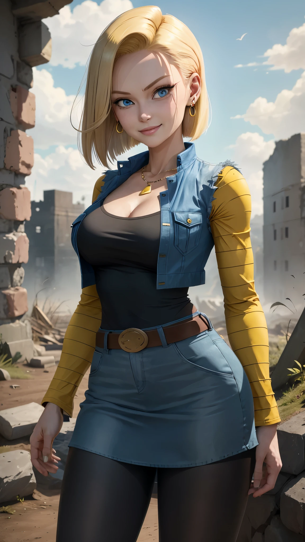 best quality, high-res, and18, 1girl, android 18, solo, blonde hair, blue eyes, belt, blue demin bodycon skirt, gold necklace, black shirt, short hair, long sleeves, striped sleeves, earrings, open vest, blue denim vest, large breasts, cowboy shot, forest, straight-on, (weather: windy), combat ready position, full length pantyhose, battle ruins, wide hips, shy smile,