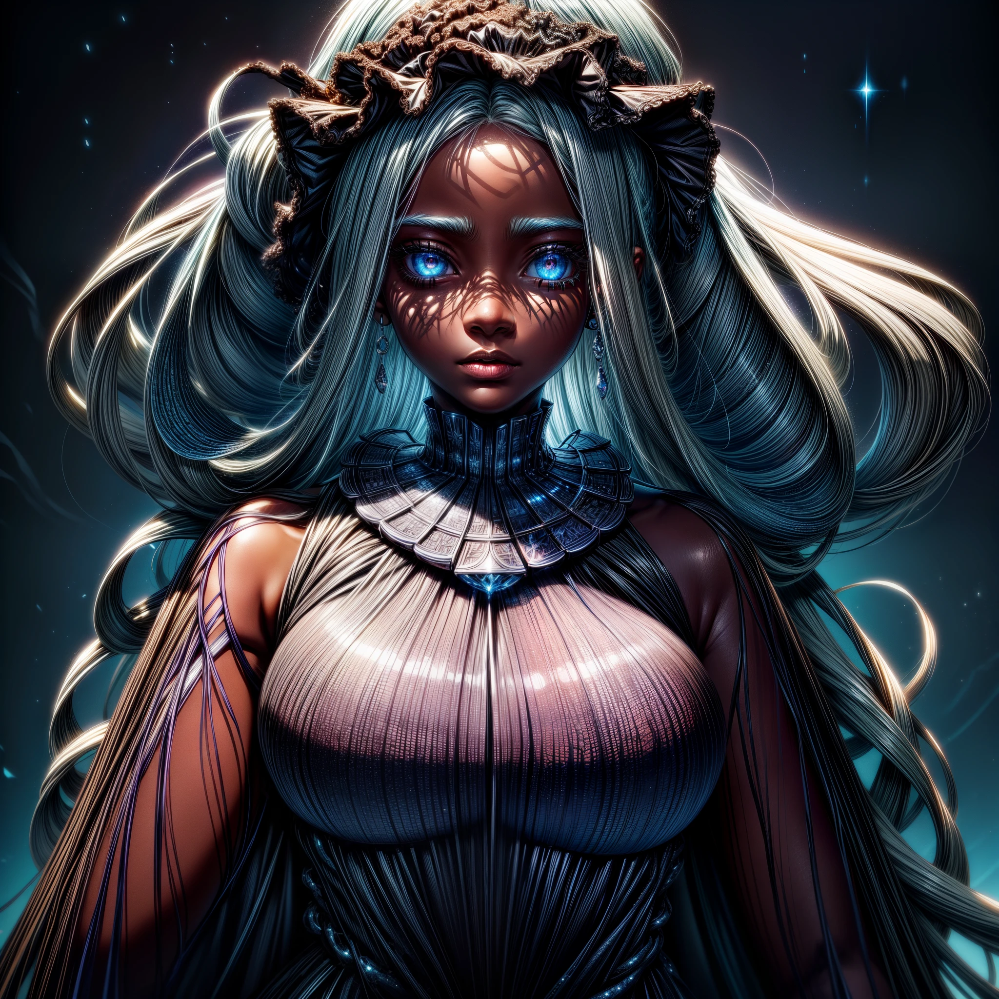 masterpiece, best quality, ultra high resolution, 1 dark skinned African girl, (fractal art: 1.3), long white hair, blue eyes, beautiful eyes, detailed eyes, glowing eyes, deep shadow, dark theme, fully dressed, necklace, abandoned, add_detail:2