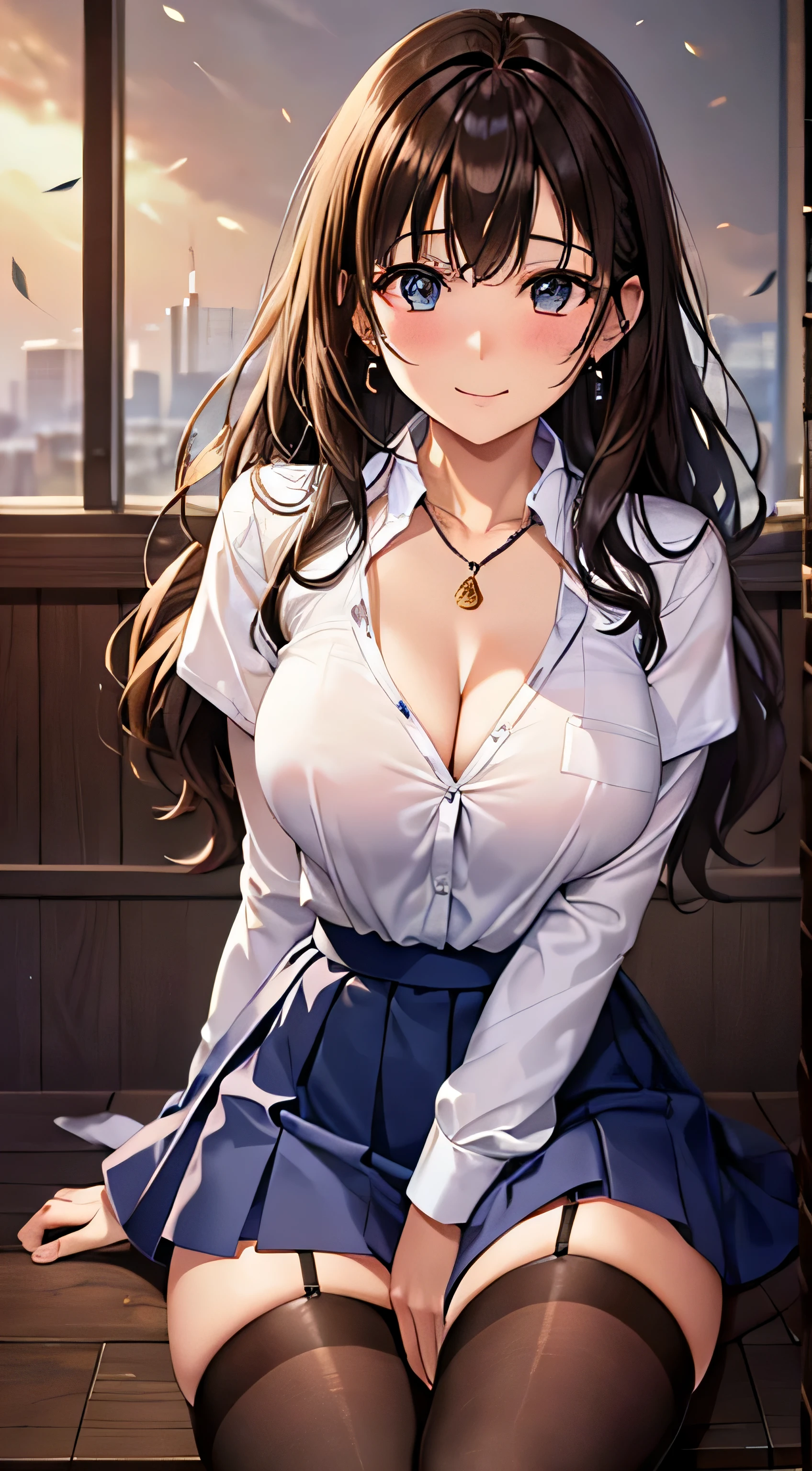 (table top, highest quality, High resolution, , perfect pixel, 4k,), 1 girl, single, alone, Beautiful woman、I could see the whole body、 ((Wavy mid-hair, bangs, brown hair)), ((brown eyes, beautiful eyelashes, realistic eyes)), ((detailed face, blush:1.2)), ((smooth texture:0.75, realistic texture:0.65, realistic:1.1, Anime CG style)), medium breasts, dynamic angle, perfect body, ((, female teacher, , earrings、necklace、white shirt with collar、Shirts without buttons、Dark blue flared skirt、black knee high stockings、open both legs wide、、shy smile、Sit on the floor、leaning forward)), Upper grade、、、evening、、(You can see the white and pink lace panties and bra、、(Bring your chest and arms together、Lift up your skirt and show your panties、The wind blows up my skirt)、angle from below)、