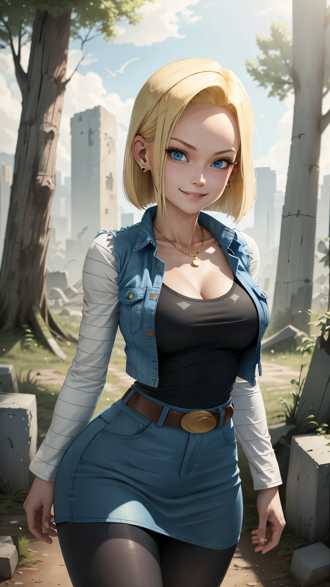 best quality, high-res, and18, 1girl, android 18, solo, blonde hair, blue eyes, belt, blue demin bodycon skirt, gold necklace, black shirt, short hair, long sleeves, striped sleeves, earrings, open vest, blue denim vest, large breasts, cowboy shot, forest, straight-on, (weather: windy), combat ready position, full length pantyhose, battle ruins, wide hips, shy smile,