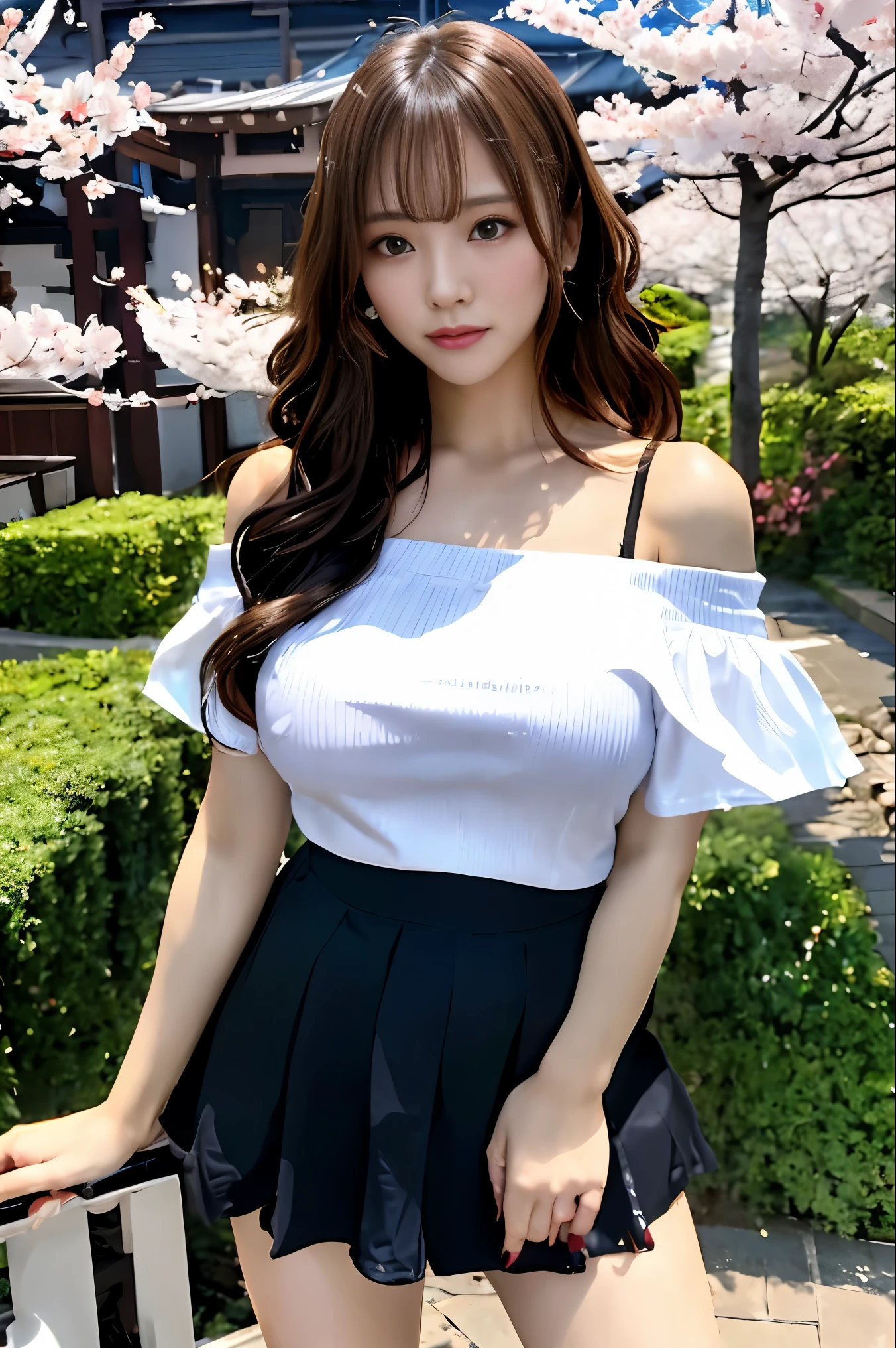 One female、realistic、Asian、beautiful、whole body、long brown hair、wavy hair、White off-the-shoulder T-shirt、black mini skirt、big breasts、valley、I&#39;m holding my chest close to my chest、garden、pool、cherry blossoms、Seductive style、masterpiece、ultra high resolution、perfect lighting、16K