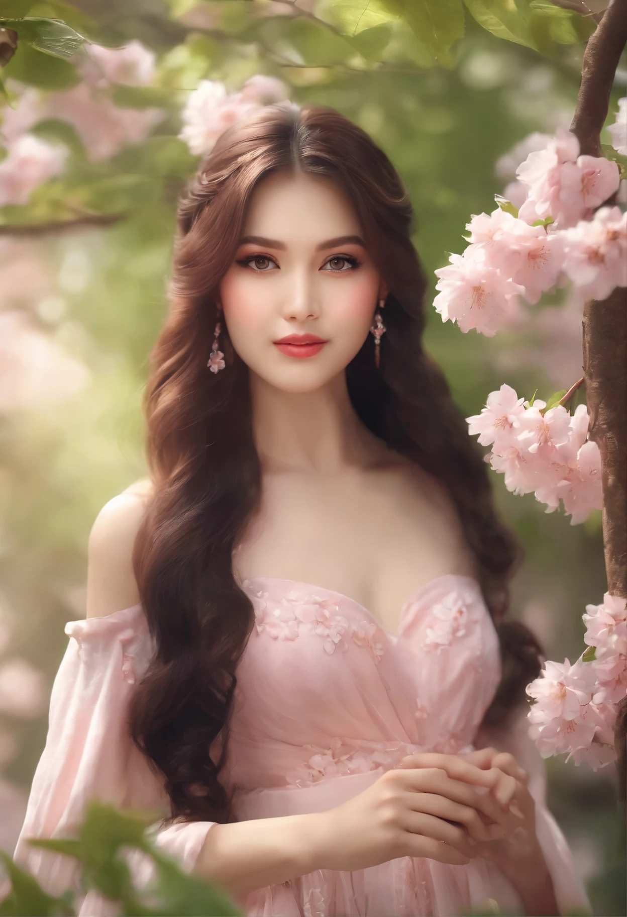(best quality,4k,8k,highres,masterpiece:1.2),ultra-detailed,(realistic,photorealistic,photo-realistic:1.37),anime,libra,pink,black,beautiful,hair,cute,stunning,gnarled cherry blossom tree,tranquil garden,soft sunlight filtering through leaves,fluttering cherry blossom petals,dainty lace dress,ethereal atmosphere,sparkling eyes,faint blush on cheeks,dark flowing hair,delicate eyeliner,tender smile,determined pose,dynamic background,subtle shading and highlights,vibrant colors,subtle pastel tones,effortless grace,dreamlike,expressive eyes,flowery hair accessories,glowing skin,vivid pink blush,gentle breeze,peaceful gaze