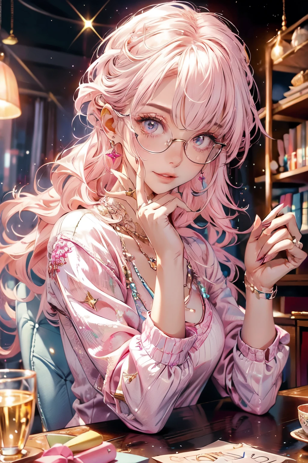 white wine, glitter, pink, casual drama, over the top,nerdy,silly,confident,lighthearted,games,tea,books,smart,cute,kind