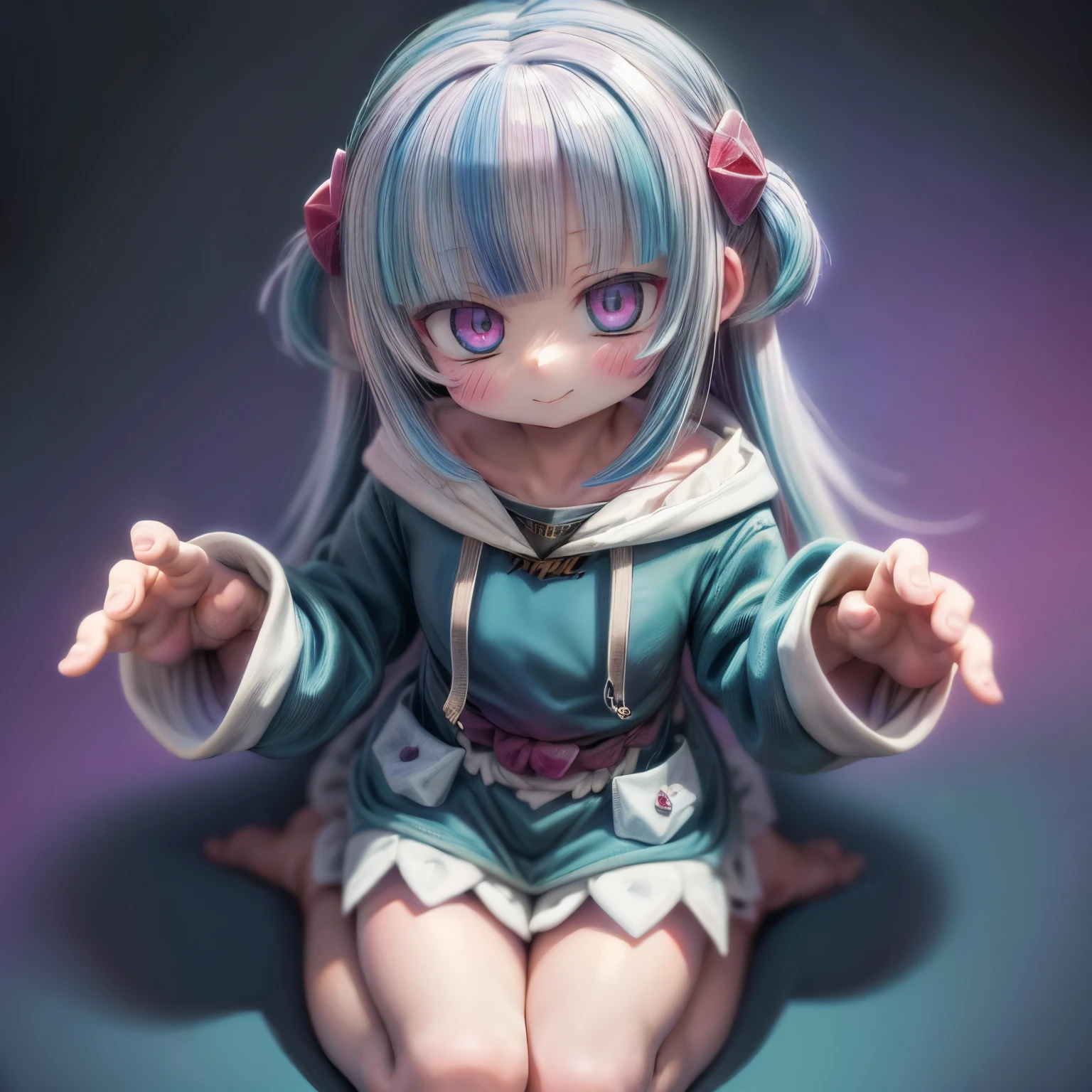 ((Gawr gura)), ((Masterpiece)), (Anime:1.3), ((best quality)), (RAW photo: 1.2), (High Definition:1.3), (Professional Photography:1.2), 1 girl, (Beautiful eyes), Bright smile, (claw pose), Cute, Colorful hair, Big eyes, (Blue hoodie), (3 or more colorful backgrounds:1.3),