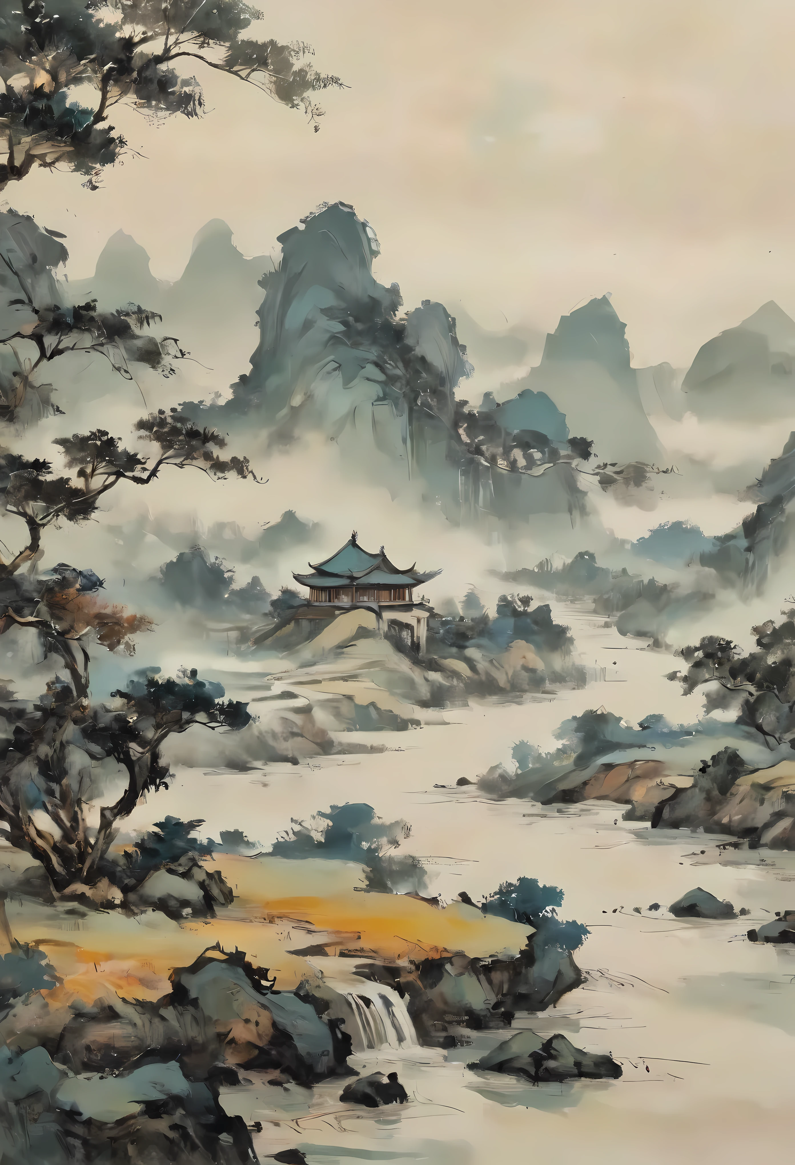 ((Wu guanzhong style painting):1.2),((Chinese ink painting):1.2),((Western painting concept):1.2),((modern interpretations of traditional themes)1.1), ((creating unique visual effects through color and line):1.1). | (best quality,4k,highres,masterpiece:1.2),ultra-detailed,(realistic,photorealistic:1.37),oil painting effect, vibrant colors, bold brushstrokes, rich texture, fine details, intricate patterns, dynamic composition, atmospheric lighting, surreal atmosphere, serene ambiance, tranquil setting, meticulous attention to detail, masterful use of space, mesmerizing scenery, distinctive style, poetic interpretation, evocative emotions, fusion of tradition and modernity, harmonious blend of East and West, delicate balance between abstraction and representation, celebration of nature's beauty, an oasis of serenity, timeless elegance, luxurious furnishings, breathtaking panoramic views, harmonious color palette, soft natural lighting, soft color gradients, depth and dimension, immersive depth of field.