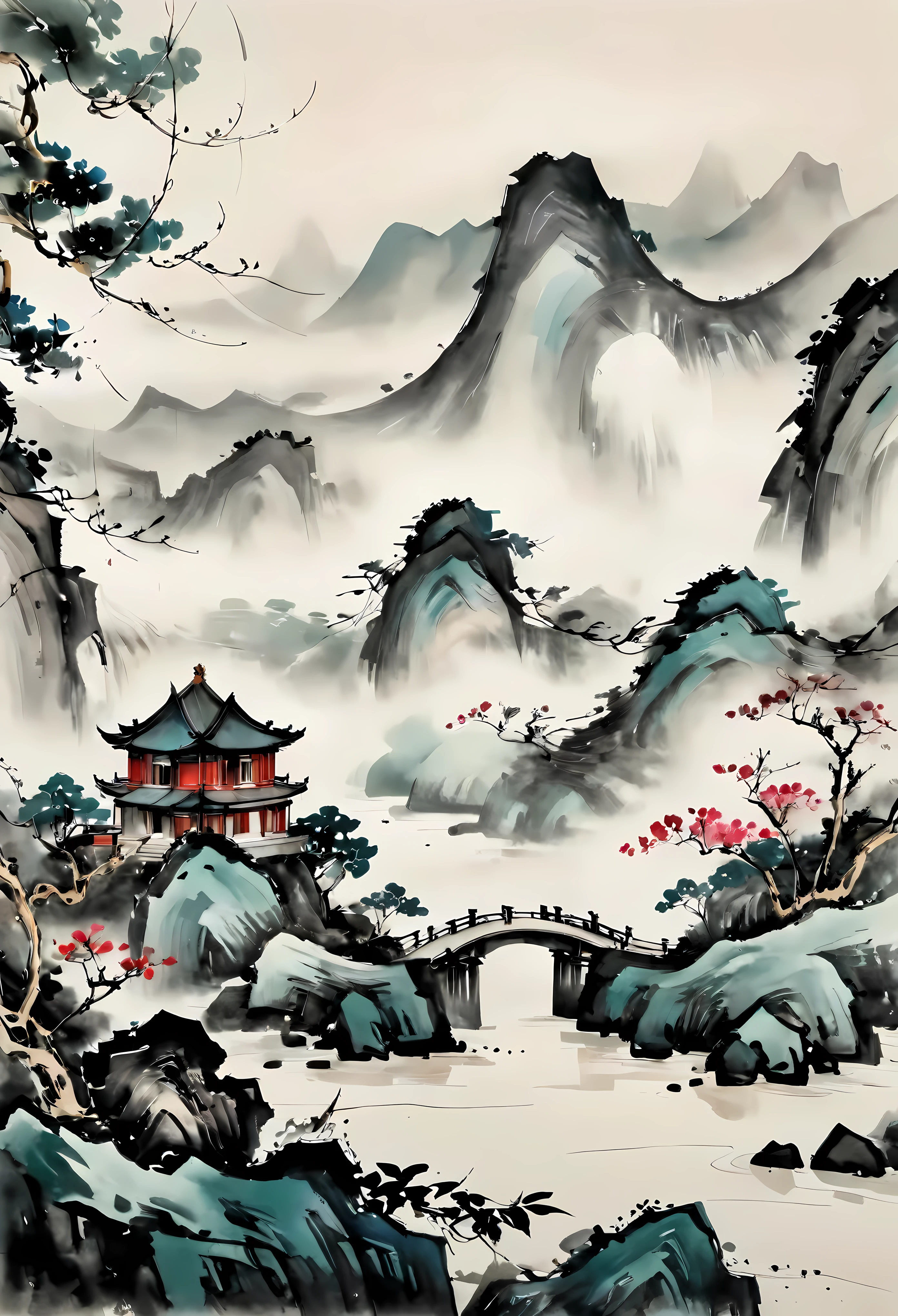 ((Wu guanzhong style painting):1.2),((Chinese ink painting):1.2),((Western painting concept):1.2),((modern interpretations of traditional themes)1.1), ((creating unique visual effects through color and line):1.1). | (best quality,4k,highres,masterpiece:1.2),ultra-detailed,(realistic,photorealistic:1.37),oil painting effect, vibrant colors, bold brushstrokes, rich texture, fine details, intricate patterns, dynamic composition, atmospheric lighting, surreal atmosphere, serene ambiance, tranquil setting, meticulous attention to detail, masterful use of space, mesmerizing scenery, distinctive style, poetic interpretation, evocative emotions, fusion of tradition and modernity, harmonious blend of East and West, delicate balance between abstraction and representation, celebration of nature's beauty, an oasis of serenity, timeless elegance, luxurious furnishings, breathtaking panoramic views, harmonious color palette, soft natural lighting, soft color gradients, depth and dimension, immersive depth of field.