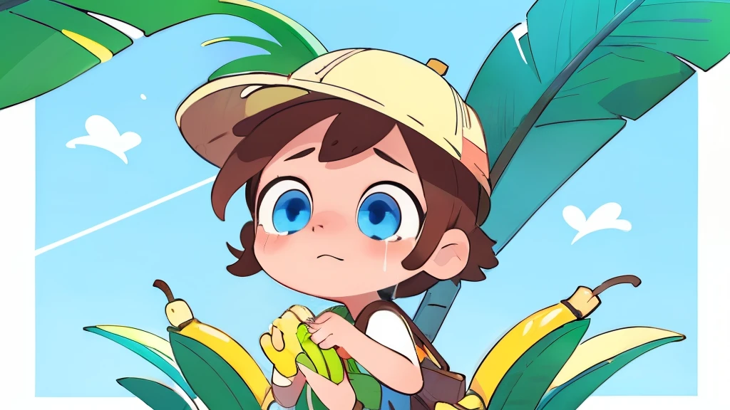supper sad, banana hat, bananas background pattern, banana tree, blueish background, high detailed, fornite banana costume, shooting, explosion, high contrast, high saturation, guns, bananas, crying, big eyes, in a close view, front, girly brown hair, blue eyes