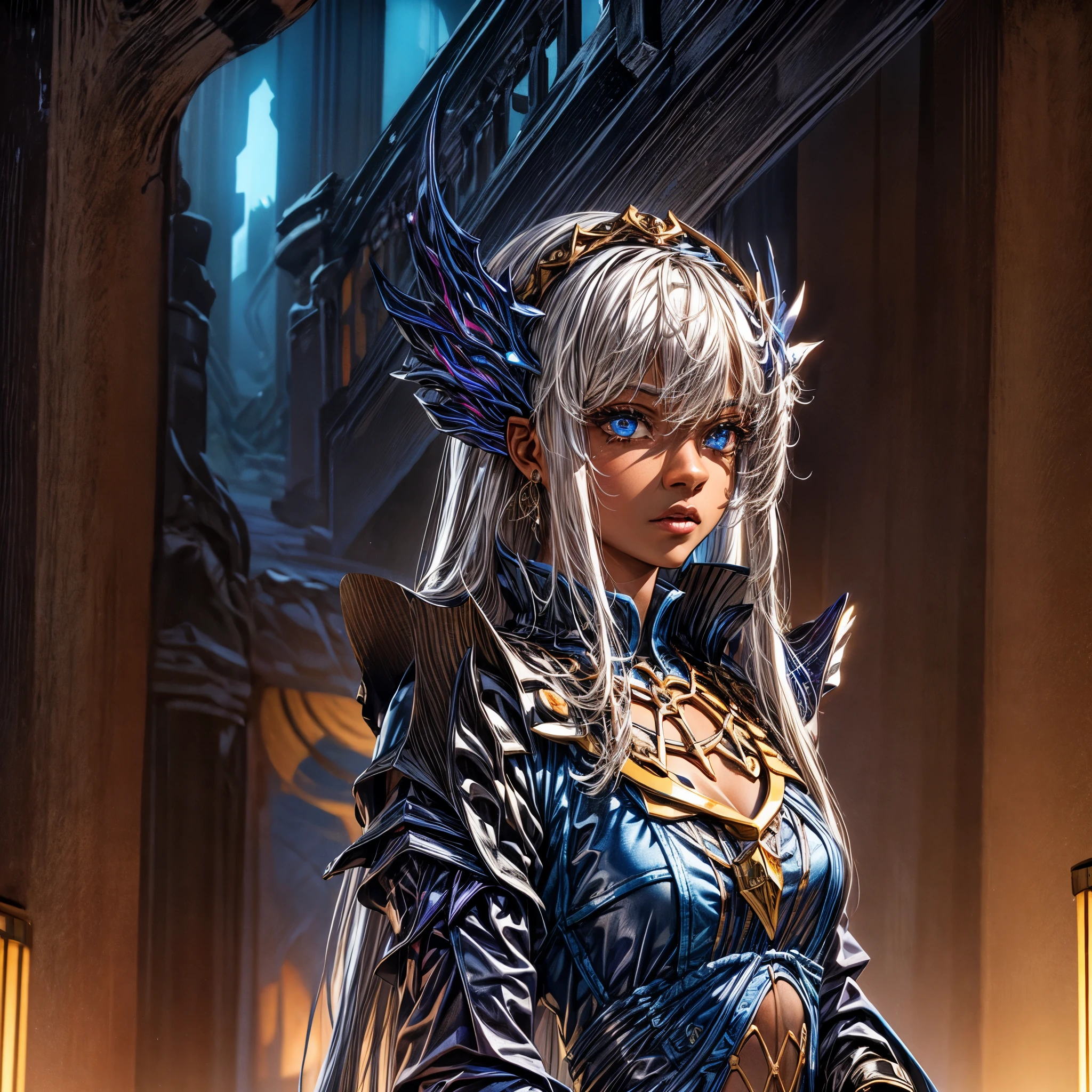 masterpiece, best quality, ultra high resolution, 1 dark skinned African girl, (fractal art: 1.3), long white hair, blue eyes, beautiful eyes, detailed eyes, glowing eyes, deep shadow, dark theme, fully dressed, necklace, abandoned, add_detail:2