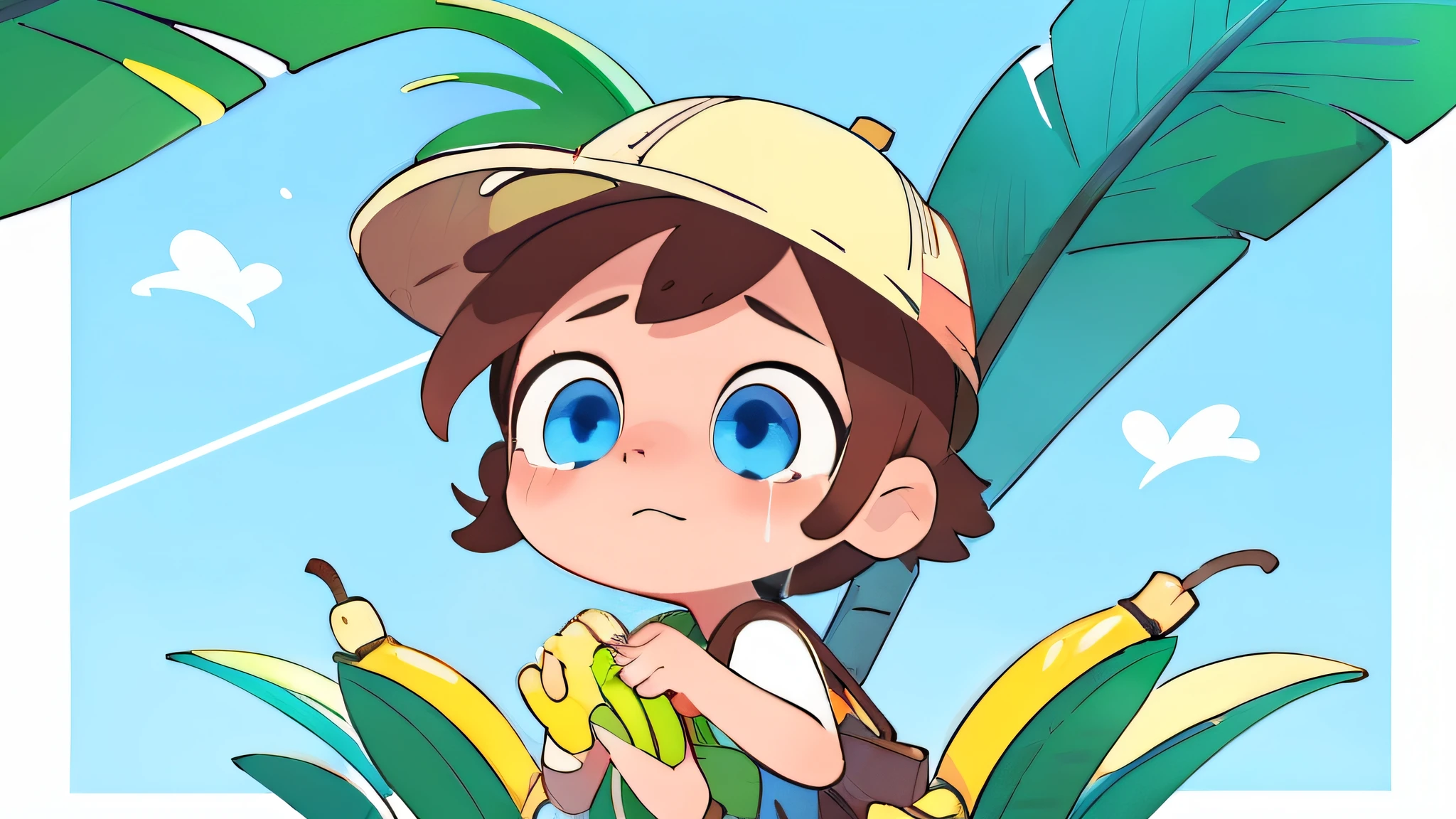 supper sad, banana hat, bananas background pattern, banana tree, blueish background, high detailed, fornite banana costume, shooting, explosion, high contrast, high saturation, guns, bananas, crying, big eyes, in a close view, front, girly brown hair, blue eyes