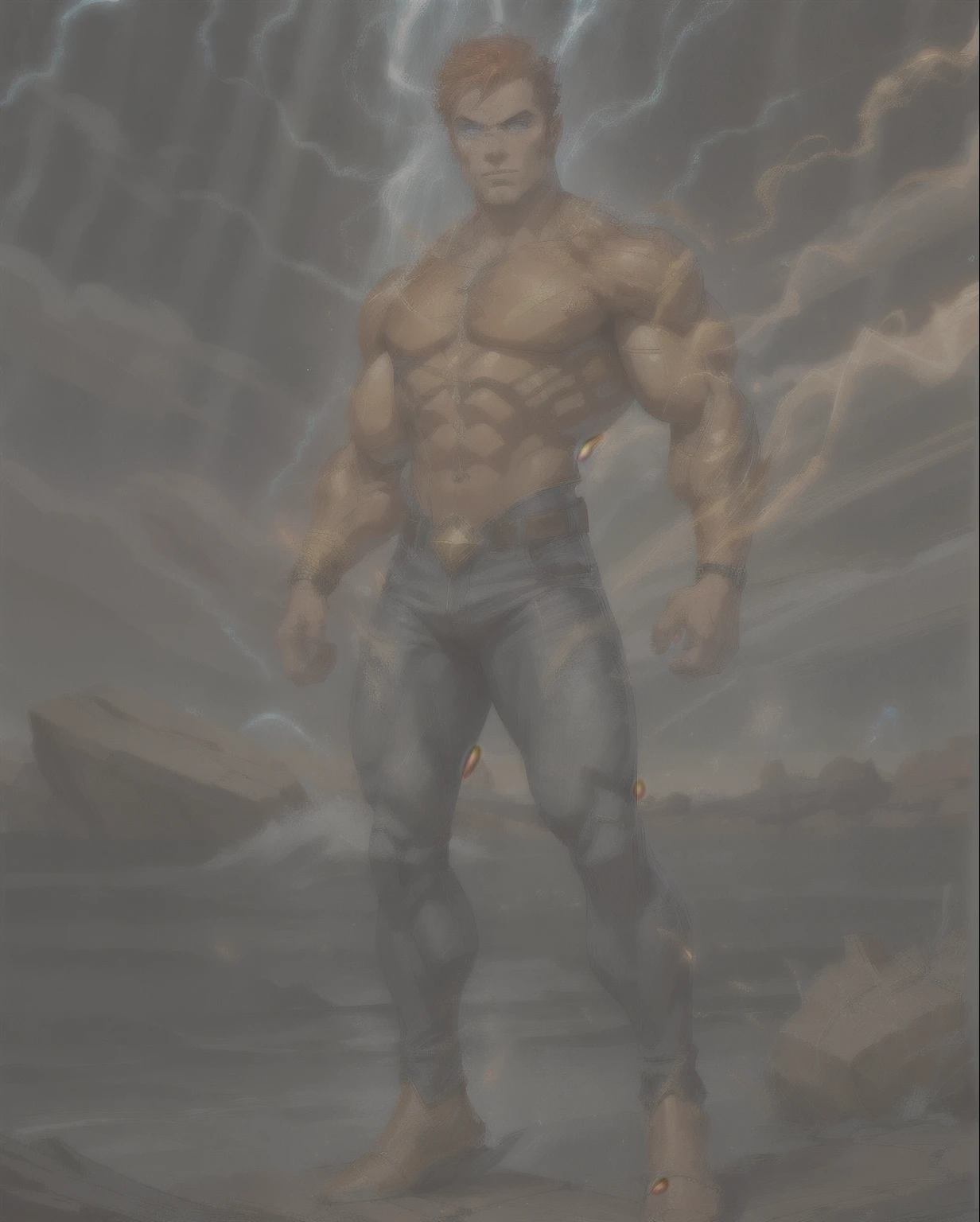 An illustrated movie poster, hand-drawn, full color, a golden-skinned giant man, wearing torn trousers, gold skin, massive physique, golden-brown eyes, wide bulbous nose, black hair, curly hair, dark beard, thick bushy eyebrows, extremely hairy chest, stomach, and arms, lots of body hair, posing amongst rubble, hard shadows, graphite shading, stencil markings, airbrushed acrylic paint, masterpiece, in the style of Marvel Comics