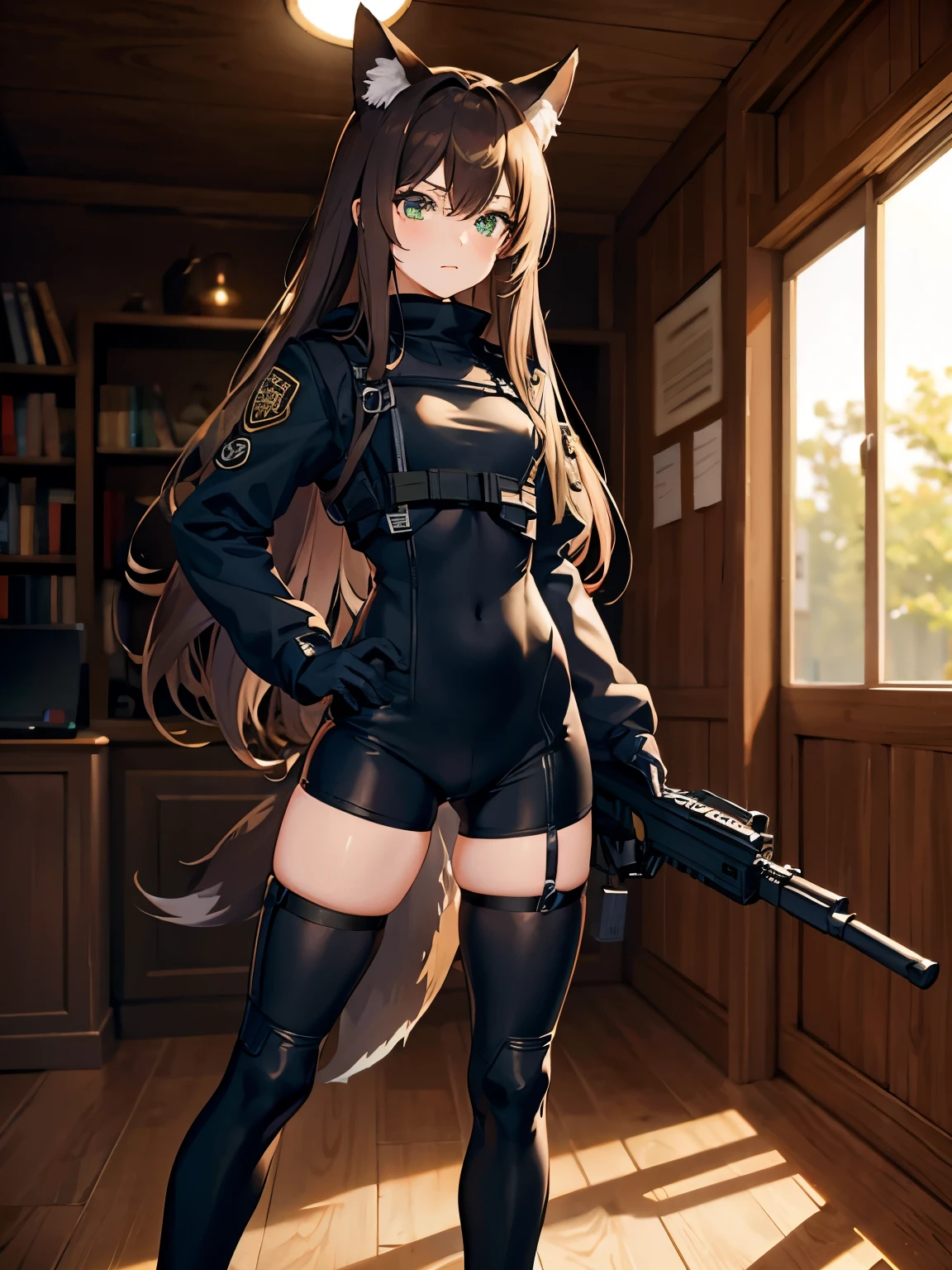 (masterpiece, best quality, pretty girl, beautiful face, 8k, absurdres:1.2, anime, Blue Archiv), Fox Girl, Fox ears, Fox Tail, dark brown hair, green eyes, red glasses, school uniform, light tactical gear, ump9, halo, small breast, shoulder length hair, military, gloves, emotionless stare, black tight spats, tight thighs, military gear, military boots, light body armor, Standing, gun, black biker shorts, wide hips,