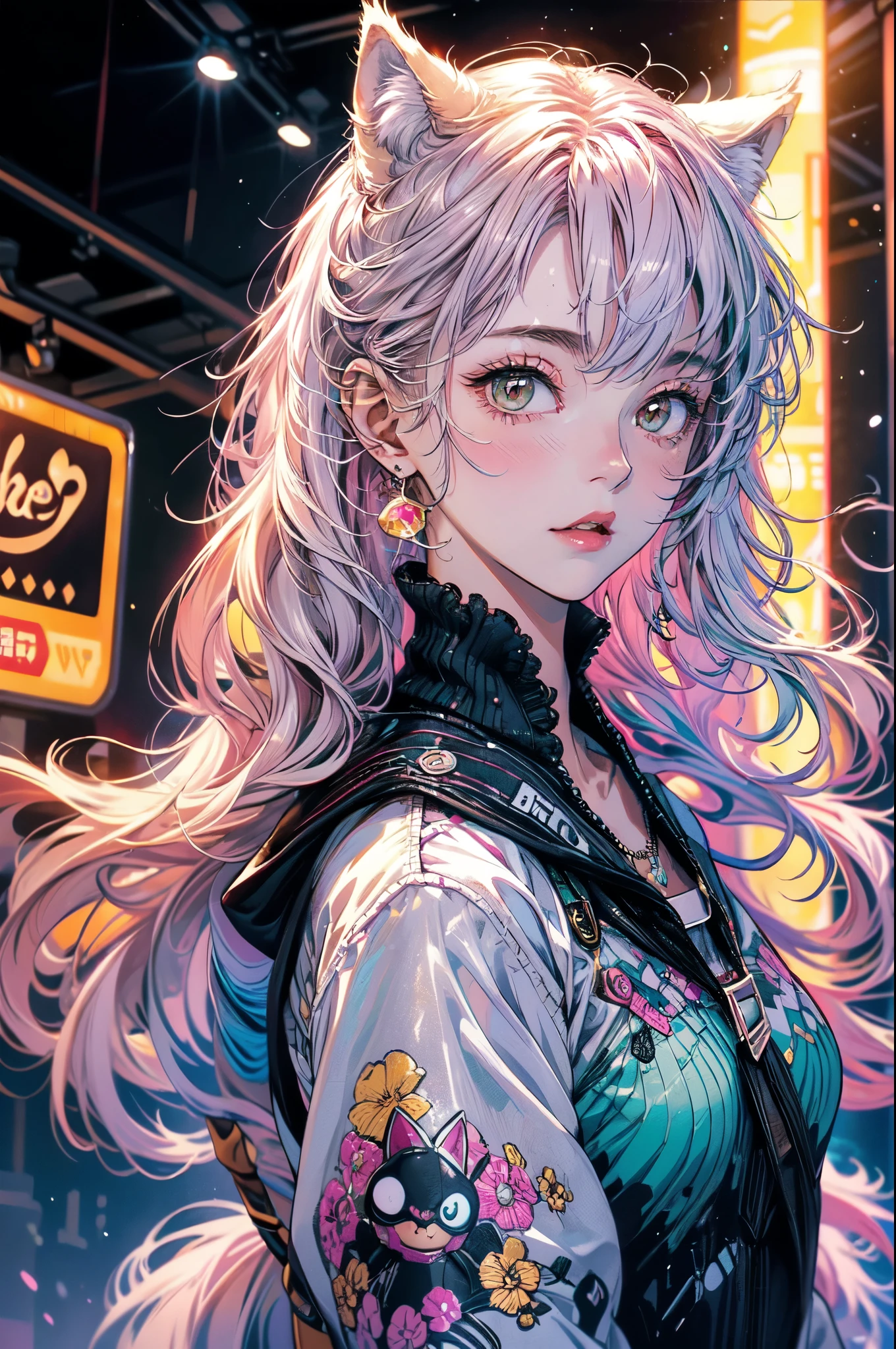 wolf girl chocolate spiffing sweaty arcade fighting games, strong food, internet philosophy,nerdy,silly,confident,lighthearted,games,tea,books,smart,cute,kind,white wine, glitter, pink, casual drama, over the top, black & gold & green & teal
