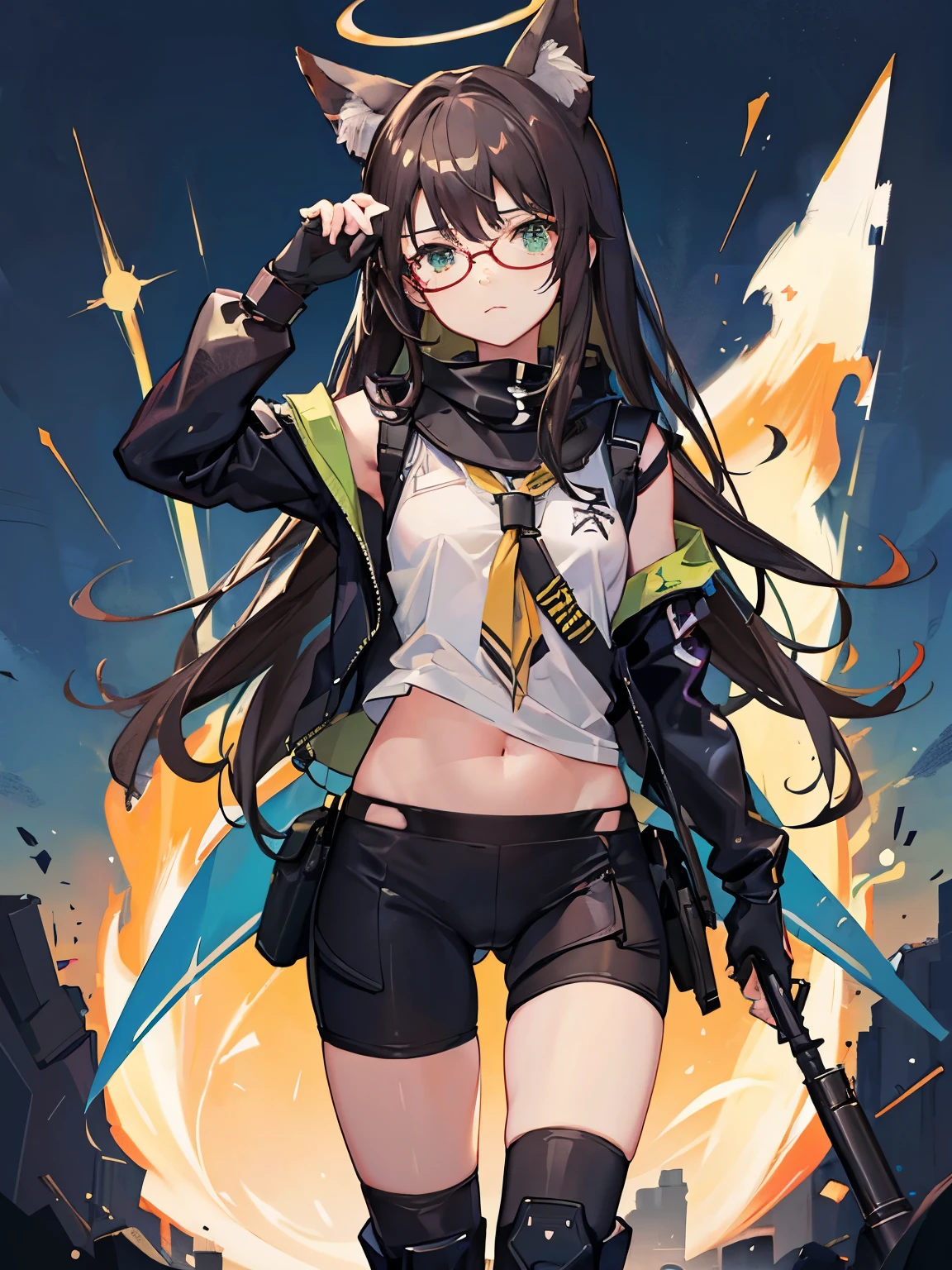 (masterpiece, best quality, pretty girl, beautiful face, 8k, absurdres:1.2, anime, Blue Archiv),  Fox Girl, Fox ears, Fox Tail, dark brown hair, green eyes, red glasses, school uniform, light tactical gear, ump9, halo, small breast, shoulder length hair, military, gloves, emotionless stare, black tight spats, tight thighs, military gear, military boots, light body armor, Standing, gun, black biker shorts, wide hips, whale tail panties,