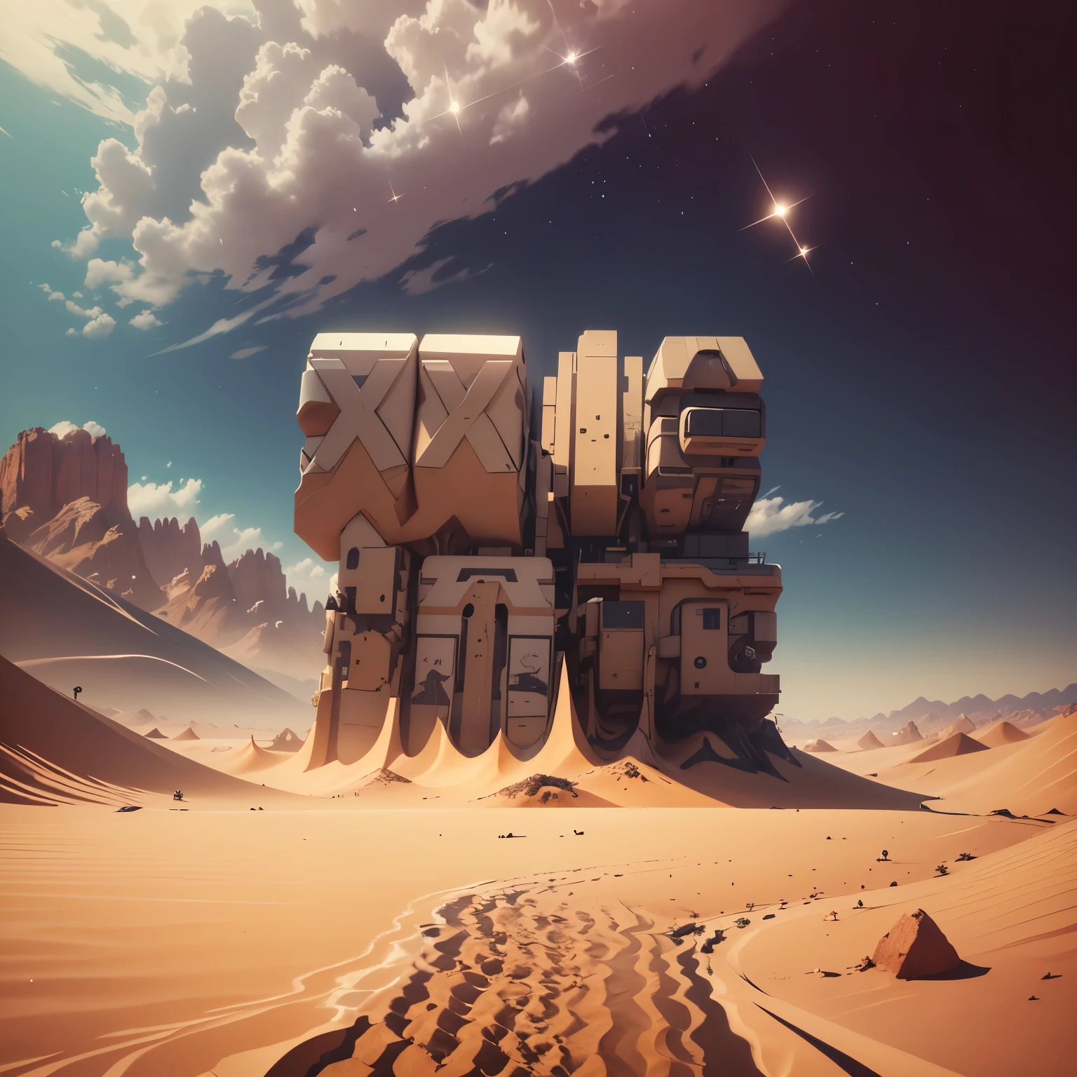 Arafad image of desert with sky and some rocks, sand desert fantasy, Futuristic typography, Hyperrealistic 3D rendering, (octane rendering) fantasy style, 3d rendering beeple, Highly detailed and hyper-realistic visuals, Rendering in cinema4d, 4D cinema rendering, beeple&#39;s hybrid style, Futuristic in the desert, 3D matte illustration