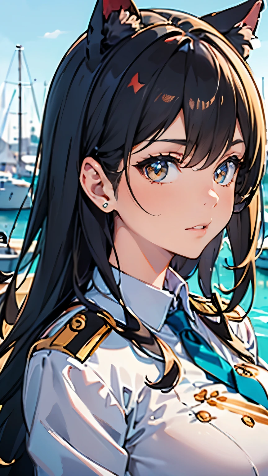 (masterpiece, best quality, RAW photo, intricate details) portrait, closeup, headshot, 1girl / Atago / medium dark hair, amber eyes, cat ears, huge breasts:1.6, ((wearing white admirals uniform)), bokeh, harbour background, blue sky, Azur lane, admiralty, service medals:1.8, epaulettes