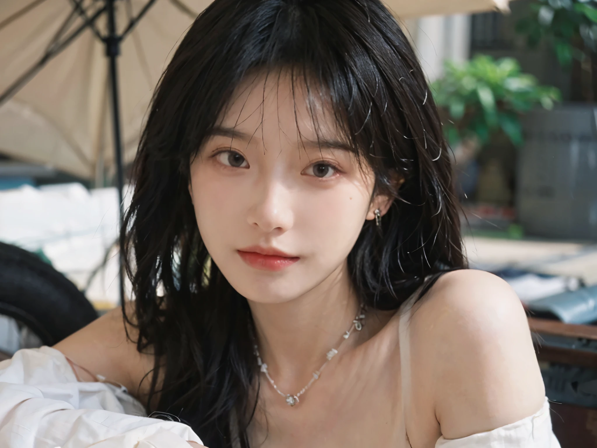 Film portrait photography, 1 girl, bare shoulders,lipstick，（flat chest：1.4）， Shoulder length wavy hair, wear necklace，Exquisite makeup，earrings，short sleeves，serene, calm, (Realistic and detailed eyes, natural skin texture, Realistic facial details), Soft dramatic lighting, depth of field, Bokeh, Vibrant details, Detailed and detailed, surreal, 35mm film, hazy, ,