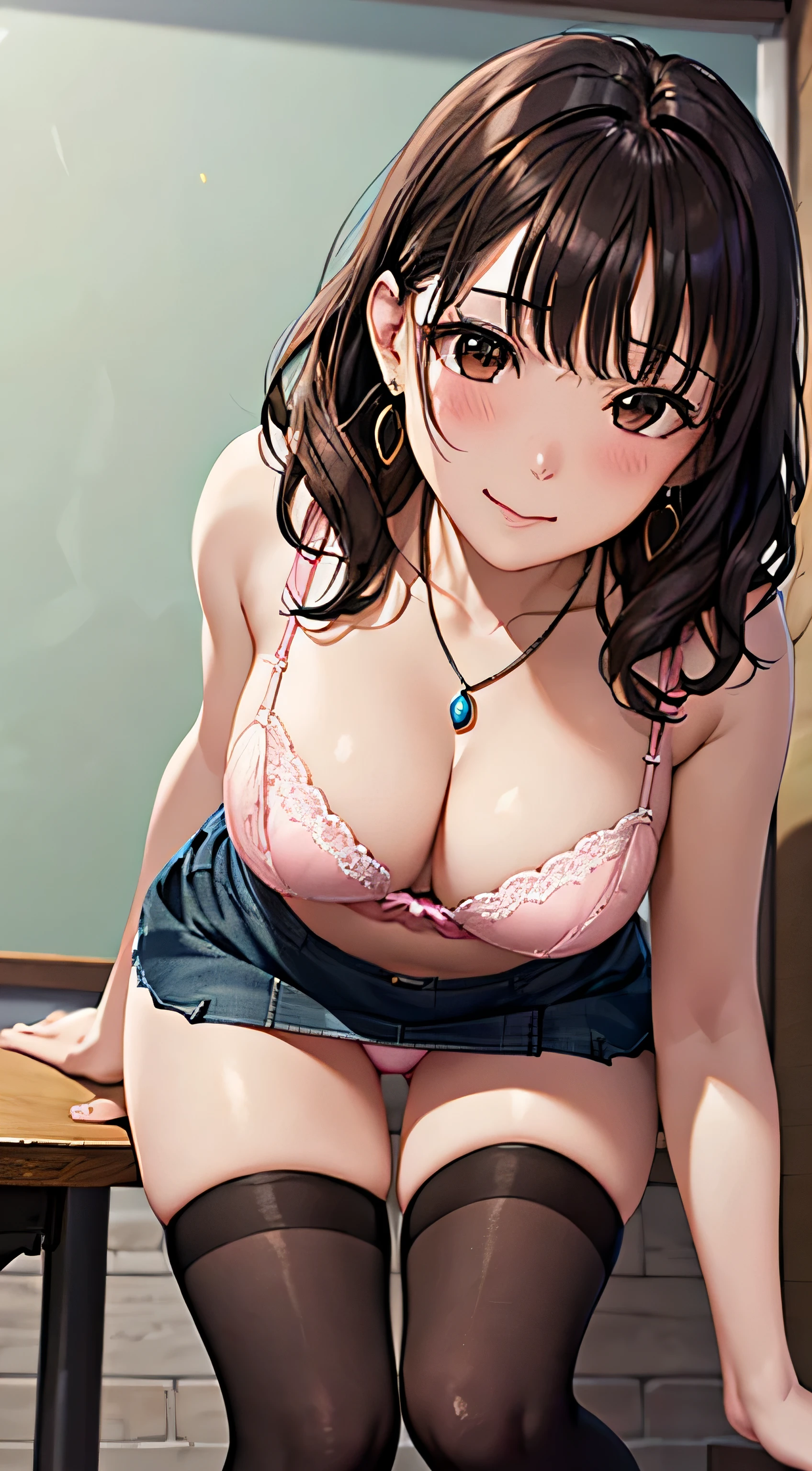 (table top, highest quality, High resolution, , perfect pixel, 4k,), 1 girl, single, alone, Beautiful woman、I could see the whole body、 ((Wavy mid-hair, bangs, brown hair)), ((brown eyes, beautiful eyelashes, realistic eyes)), ((detailed face, blush:1.2)), ((smooth texture:0.75, realistic texture:0.65, realistic:1.1, Anime CG style)), medium breasts, dynamic angle, perfect body, ((, female teacher, , earrings、necklace、Denim Tight Skirt、black knee high stockings、open both legs wide、、shy smile、Sit on the floor、leaning forward)), Upper 、、、evening、、(You can see the white and pink lace panties and bra、、(Bring your chest and arms together、Lift up your skirt and show your panties、The wind blows up my skirt)、angle from below)、