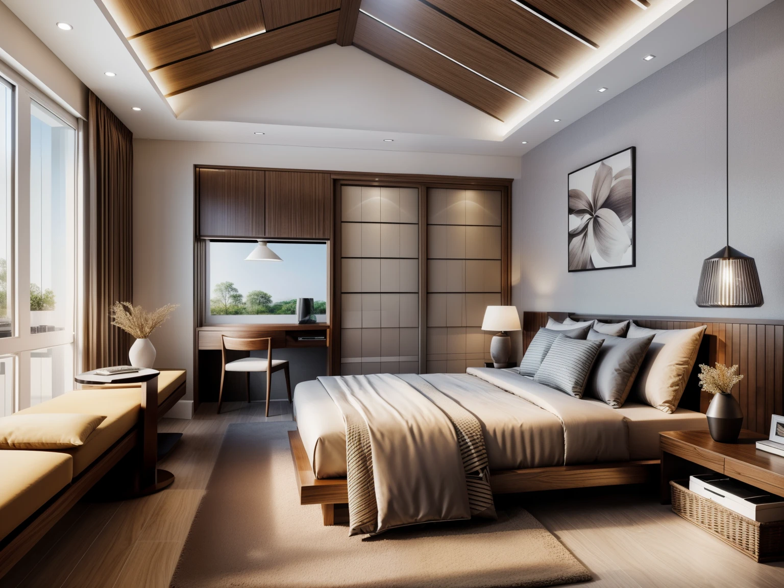 Real-photos , modern bedroom,stunning-design, modern-style, shadows, volumetric lighting, shadows, high end photography, fidelity, bright details, sharp, unique, award winning photography, Canon EOS 5D Mark IV DSLR camera, f/ 6, ISO 100, 1/ 250 sec, uhd, 8k, natural soft light Of course, best quality, Super high resolution