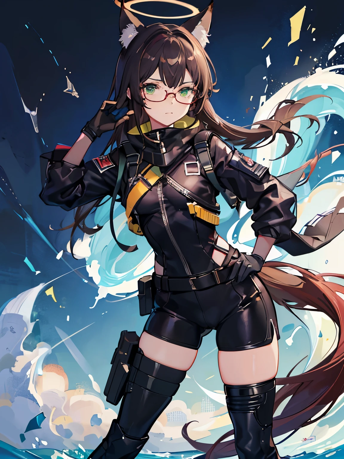 (masterpiece, best quality, pretty girl, beautiful face, 8k, absurdres:1.2, anime, Blue Archiv),  Fox Girl, Fox ears, Fox Tail, dark brown hair, green eyes, red glasses, school uniform, light tactical gear, ump9, halo, small breast, shoulder length hair, military, gloves, emotionless stare, black tight spats, tight thighs, military gear, military boots, light body armor, Standing, gun, black biker shorts, wide hips, whale tail panties,
