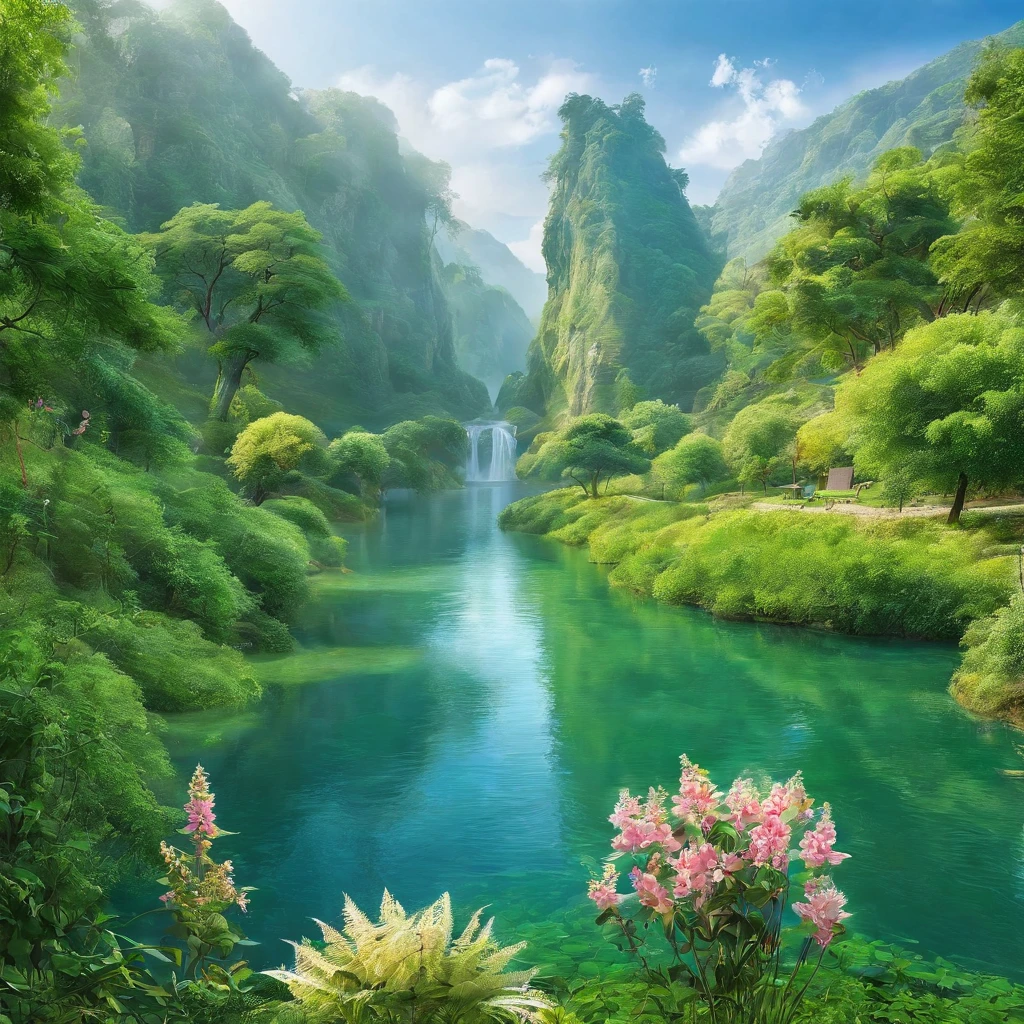 (best quality,highres,ultra-detailed),nature-inspired landscape,scenic beauty,serene atmosphere,lush greenery,beautiful detailed flowers,glorious sunshine,breathtaking view,tranquil setting,gentle breeze,harmonious colors,ethereal lighting,realistic textures,majestic mountains,sparkling rivers,vibrant wildlife,splendid waterfalls,peaceful meadows,serene forests,morning mist,crystal-clear lakes,pristine beauty,refreshing waterfall sounds,hidden trails,endless horizon,calm reflection,whispering trees,wildflower field,dappled sunlight,fluttering butterflies,twittering birds,romantic picnic spot,blissful tranquility,magical realm,enchanted garden,adventure awaits,escape from reality,inspired by nature's wonders,immersed in the beauty of the natural world,unfolding the secrets of Dame Nature's masterpiece.