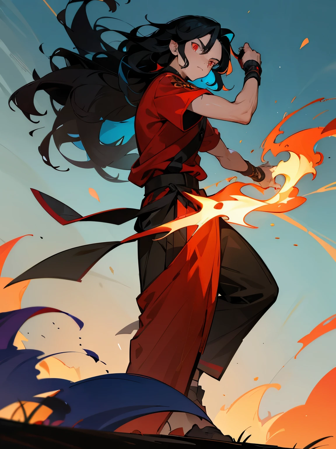 avatar, 1male , Wavy Hair , Two tone hair, blue and black hair color, multicolored hair, , Mullet Hair , light red pupils , Calm Expression , Black Wristbands , Red Shortsleeve Shirt , Martial Arts Clothing , Fire Nation Clothing, grass on fire Background, martial arts pose, standing on ground, arms in pockets, medium length hair, muscular, moonlight