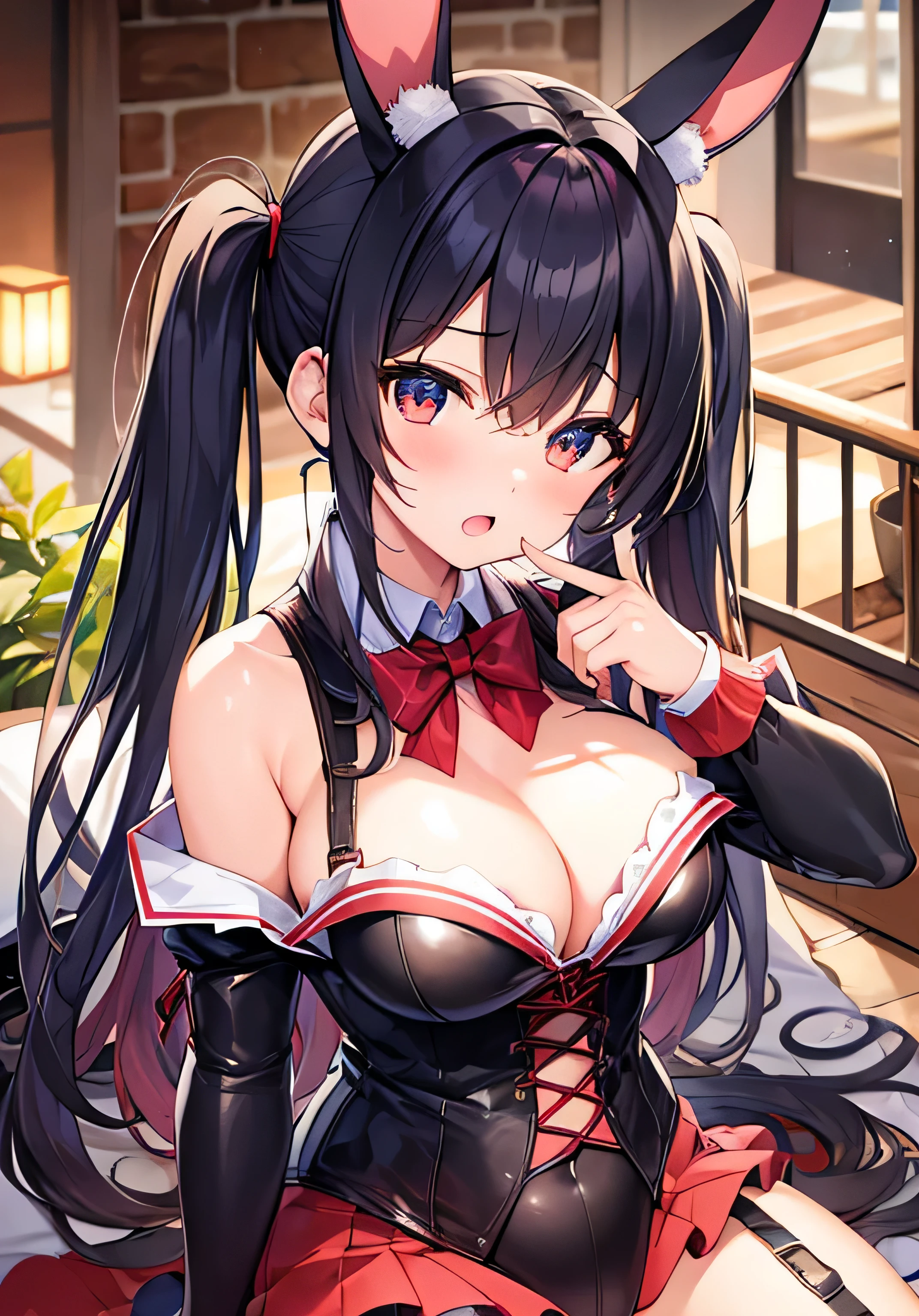 masterpiece、best image quality、ultra high resolution、NSFW、age girl with big breasts、twin tail hairstyle、black hair、red face、shyly、Open your mouth just a little、Bunny girl costume that shows cleavage、rabbit ears headgear、Inside the entertainment bar、sitting on the sofa、well-shaped legs、At night