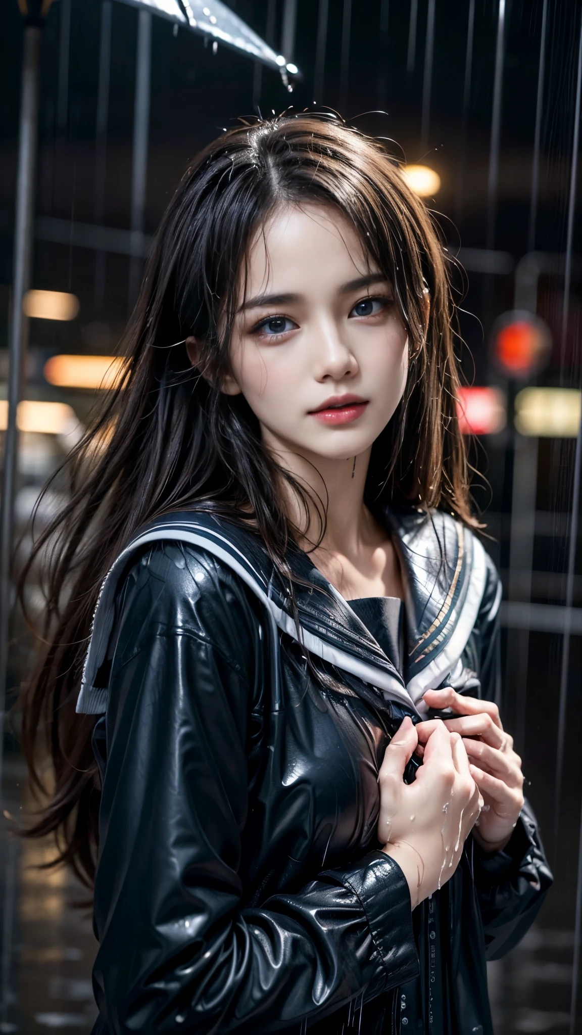 (RAW shooting, Photoreal:1.5, 8k, highest quality, masterpiece, ultra high resolution), perfect dynamic composition:1.2, night, street corner, look up at the sky:1.3, (((Typhoon heavy rain))), Highly detailed skin and facial textures:1.2, Slim high school girl wet in the rain:1.3, sexy beauty:1.2, perfect style, beautiful and aesthetic, Fair skin, very beautiful face, (rain drips all over my body:1.2, wet hair:1.3, Wet school uniform:1.2), water droplets on the skin, (Medium chest, don&#39;t show areola, Chest gap), (embarrassing smile, The expression on your face when you feel intense caress, Facial expression when feeling pleasure), (beautiful blue eyes, Eyes that feel beautiful eros:0.8), (Too erotic:0.9, Bewitching:0.9), cowboy shot, perfect limbs, perfect fingers