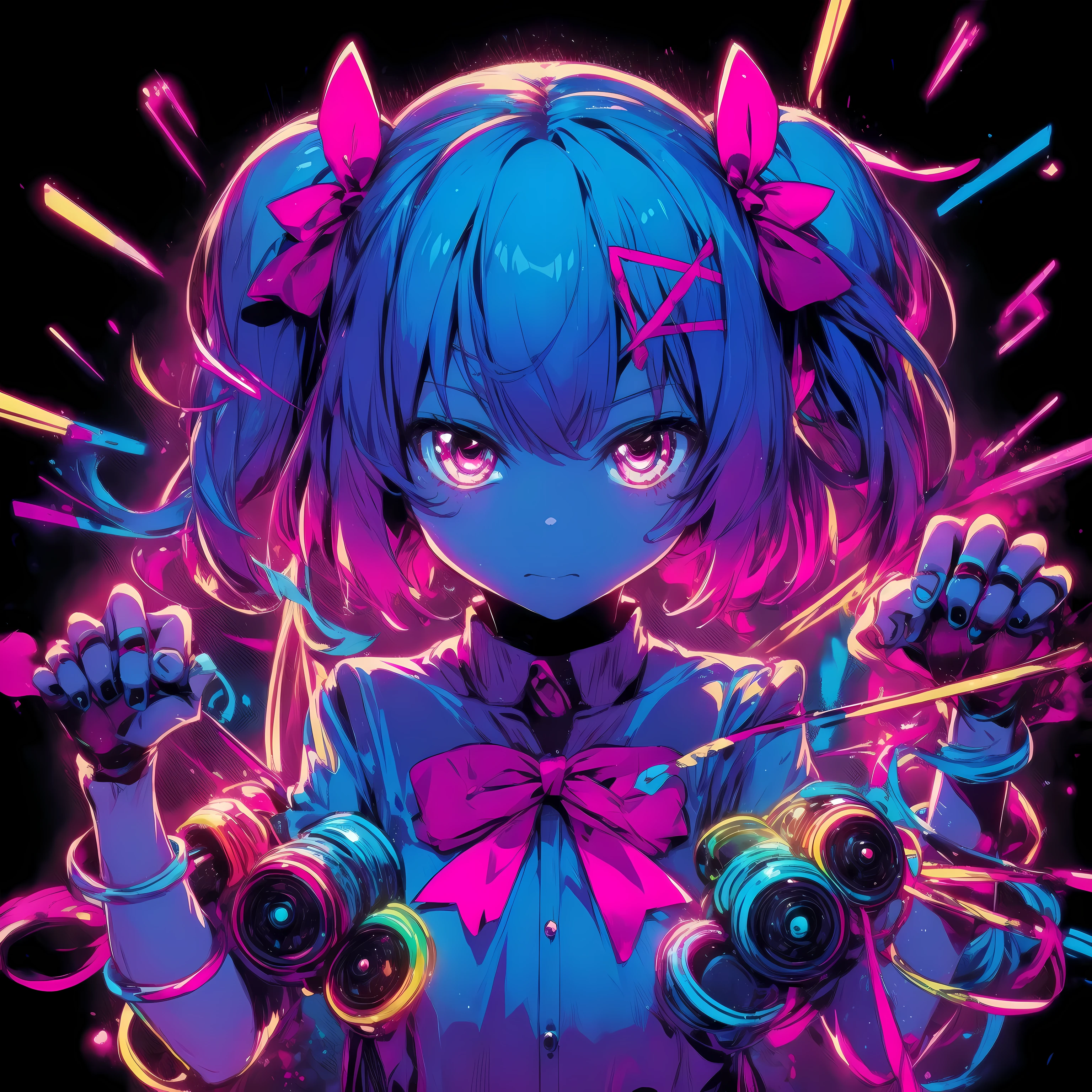 bioluminescent colors、6girl playing a series of castanets、raging castanets、chaos、tap、Dynamic energy、neon、cyber-、Synth is a wave、anime illustration
