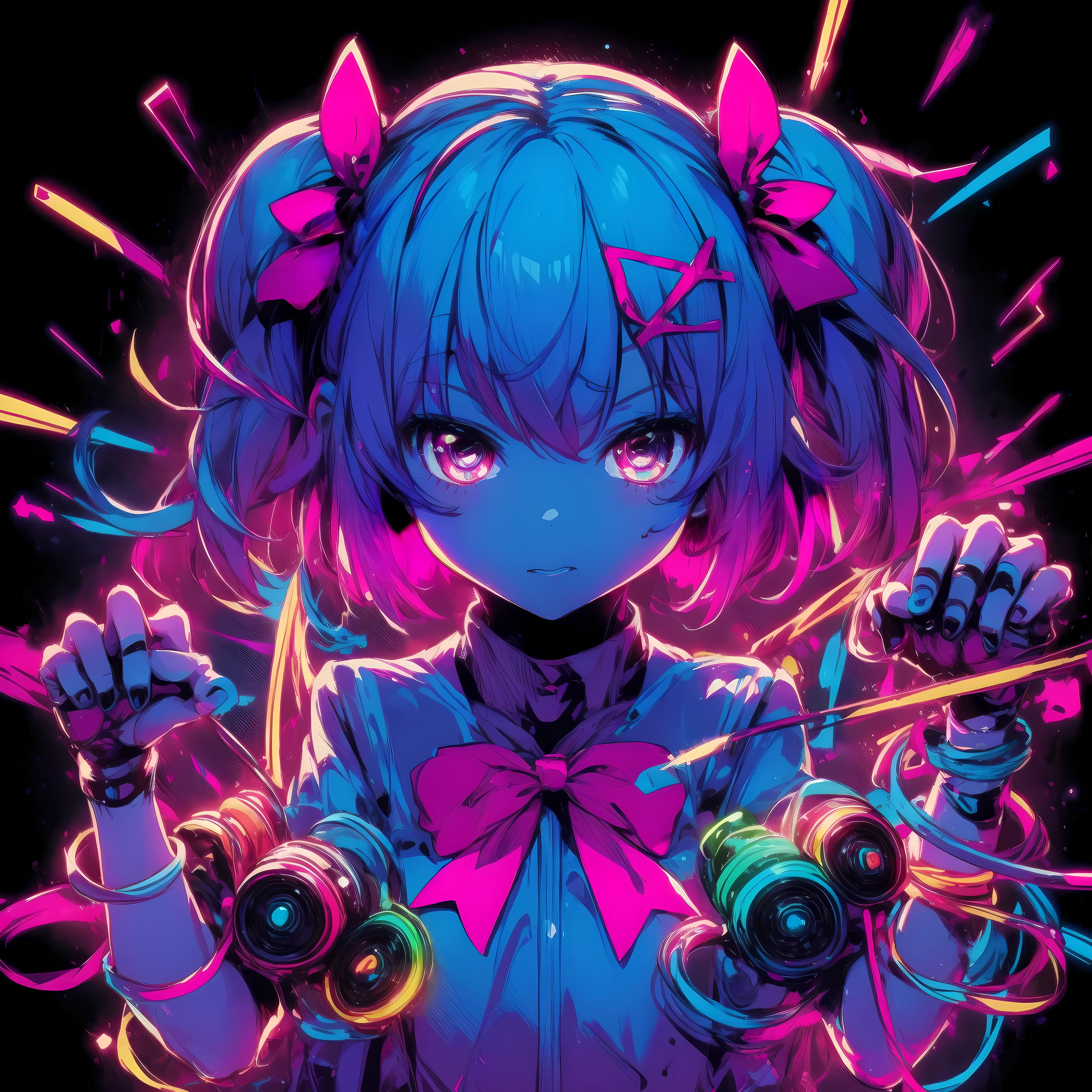 bioluminescent colors、6girl playing a series of castanets、raging castanets、chaos、tap、Dynamic energy、neon、cyber-、Synth is a wave、anime illustration