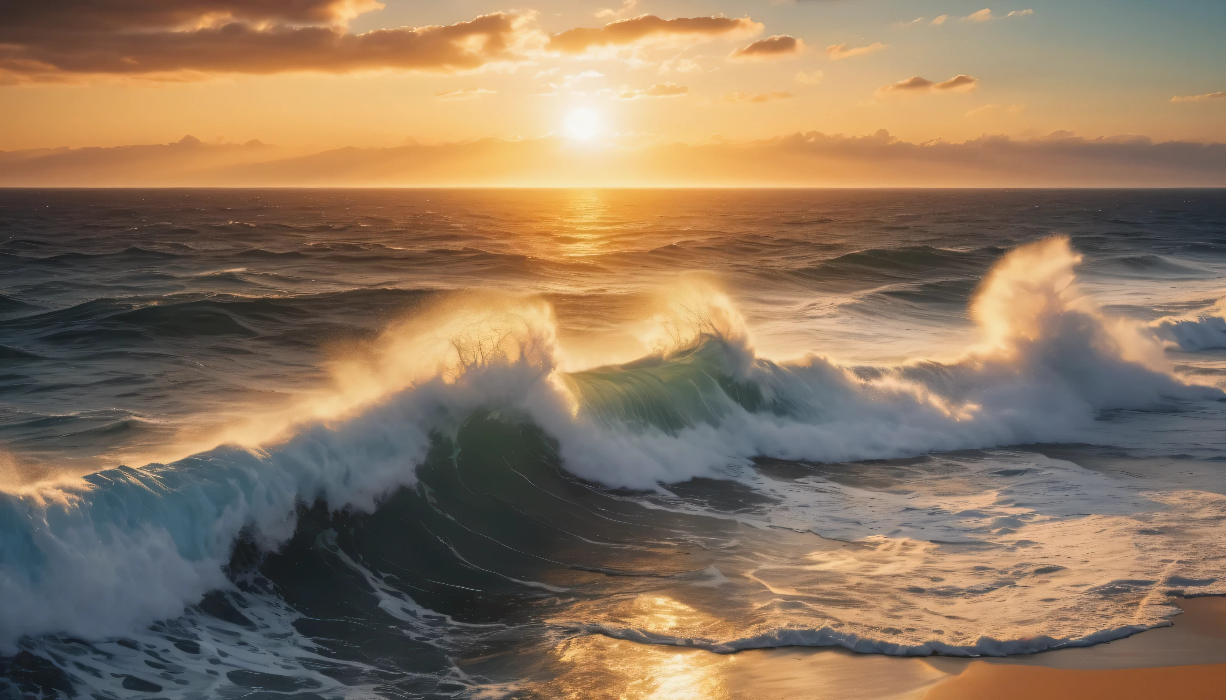 arafed view of a sunset over the majestic ocean image with big waves crashing, golden sunlight shining on the sea, beautiful ocean, big waves, shimmering light, UHD,(Best Quality),(Masterpiece Photos), (Details:1.4),(8k Highly Detailed)(Best Quality),(Best Shading)