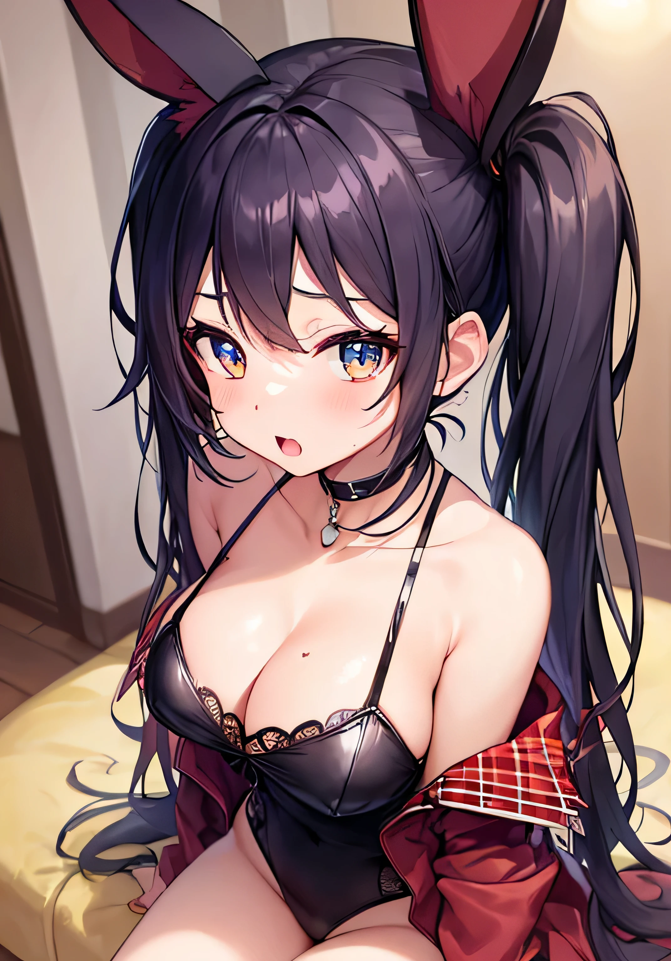 masterpiece、best image quality、ultra high resolution、NSFW、 girl with big breasts、twin tail hairstyle、black hair、red face、shyly、Open your mouth just a little、Bunny girl costume that shows cleavage、rabbit ears headgear、Inside the entertainment bar、sitting on the sofa、well-shaped legs、At night