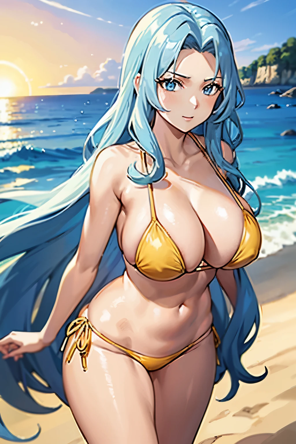 on the beachポーズをとるビキニのアニメの女性、solo、woman with long pale blue hair、blue eyed woman、wavy hair、seductive anime woman、 realistic bikini、swimsuit、beautiful anime woman、4K style、is wearing a swimsuit、attractive anime girl、on the beach、highly detailed art germ, tall woman、adult sex appeal、sexy atmosphere、big breasts、woman with very large breasts、tits、Gapumoe yandere、cleavage、bikini with an yellow top、bikini with an yellow bottom、whole body、a woman is standing、anime moe art style、naughty anime style、digital anime art!!、bikini with an gold top、bikini with an gold bottom、Bewitching atmosphere、female focus、Smooth anime CG art、in a triangle bikini、beautiful anime woman、