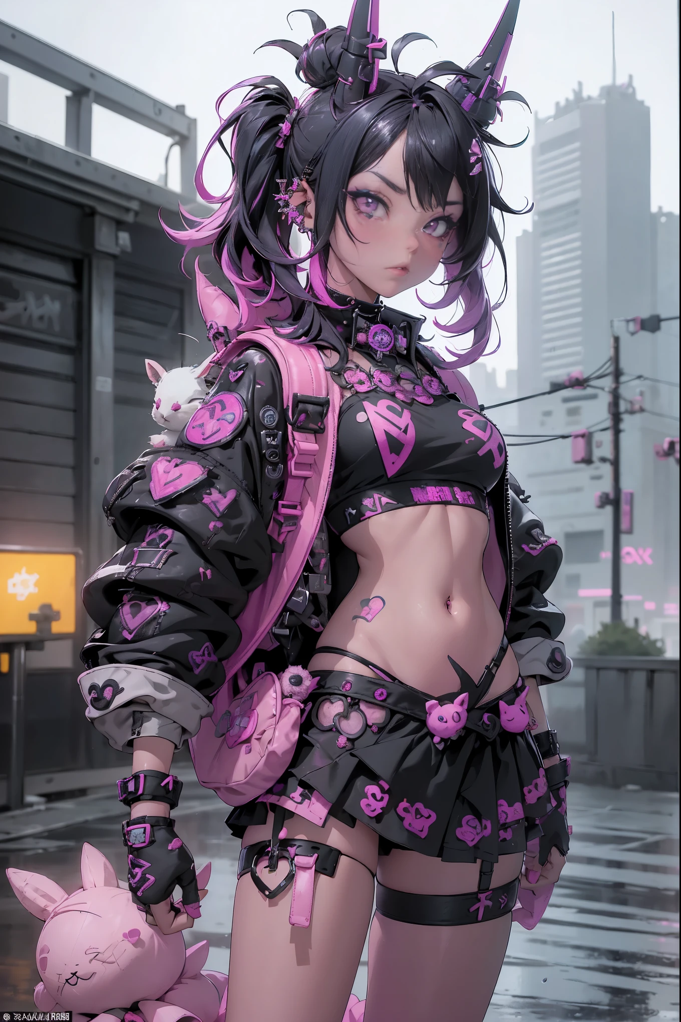 (highest quality、8k、32K、masterpiece、nffsw:1.3)、(Photoreal:1.4),((shoot from front,looking at viewer,(fullbody:1.5),)),((18-year-old punk girl,eccentric punk hair:1.3)),((pink and black punk fashion、flared mini skirt、micro bikini:1.5))、((Holding a stuffed rabbit:1.5))、clothes with studs、((holding a bloody bat in his right hand:1.5))、backpack on the back、（bright black and pink hair:1.5）,Wacky makeup、Desolate city in the rain,puddle on the road、(cinematic lighting)、Depth of the bounds written,blurred background、