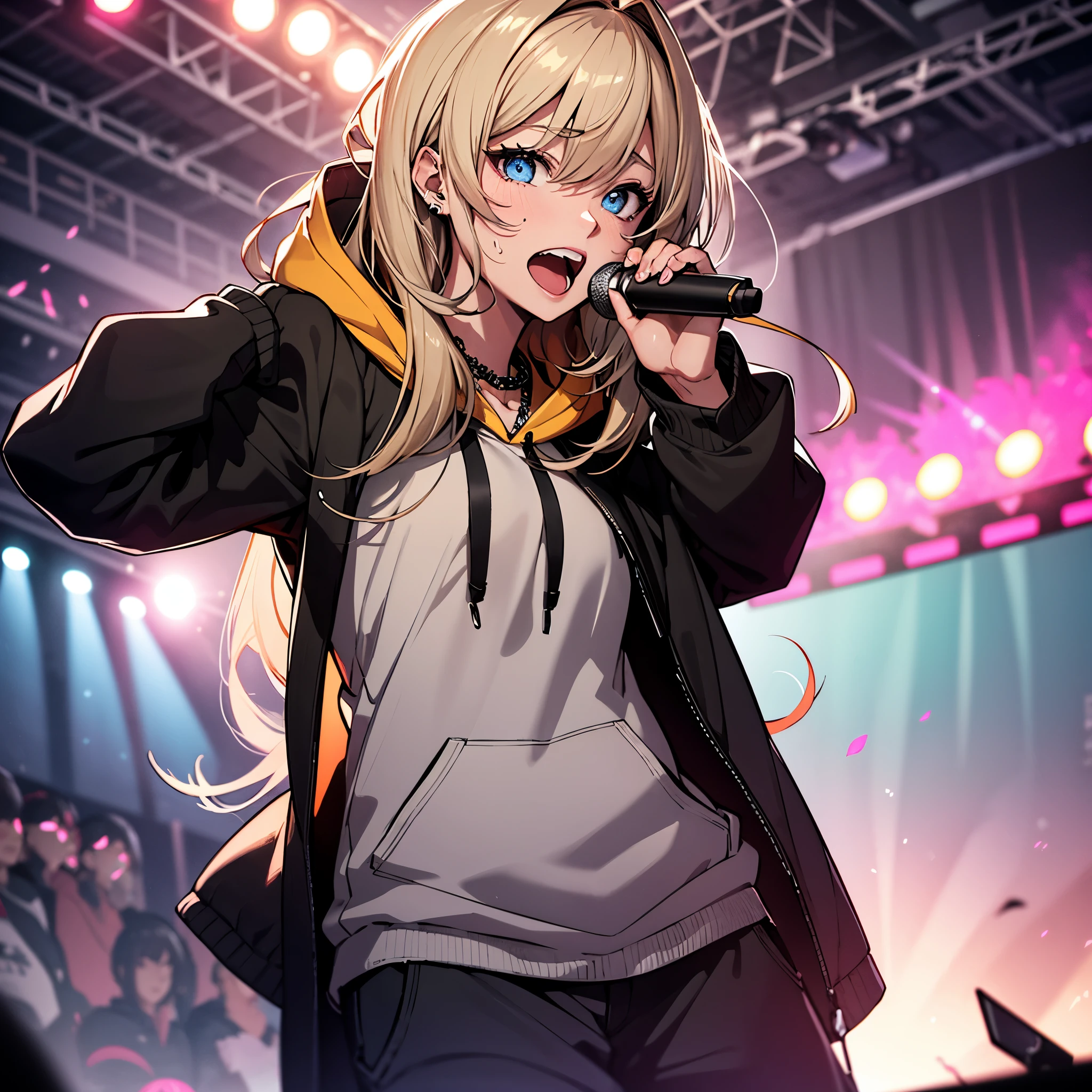 (masterpiece:1.3), high resolution, high detailed, high quality, 8k, High detailed face, High detailed eyes, High detailed skin, High detailed clothes, High detailed hair, accurate, Anatomically correct, natural neck length, movie lighting,
BREAK,
1 girl, Fairy girl, (blonde hair), (middle bob hair), (glory blue eyes), (Glossy lips), (Fair skin), (sweating:1.1),
BREAK,
female rapper, ((gray hoodie:1.2) under black coat), (Salwar pants), (chain necklace), (scream shout rap with a microphone on stage), (live performance), (dynamic pose), (dynamic angle), (concert venue),