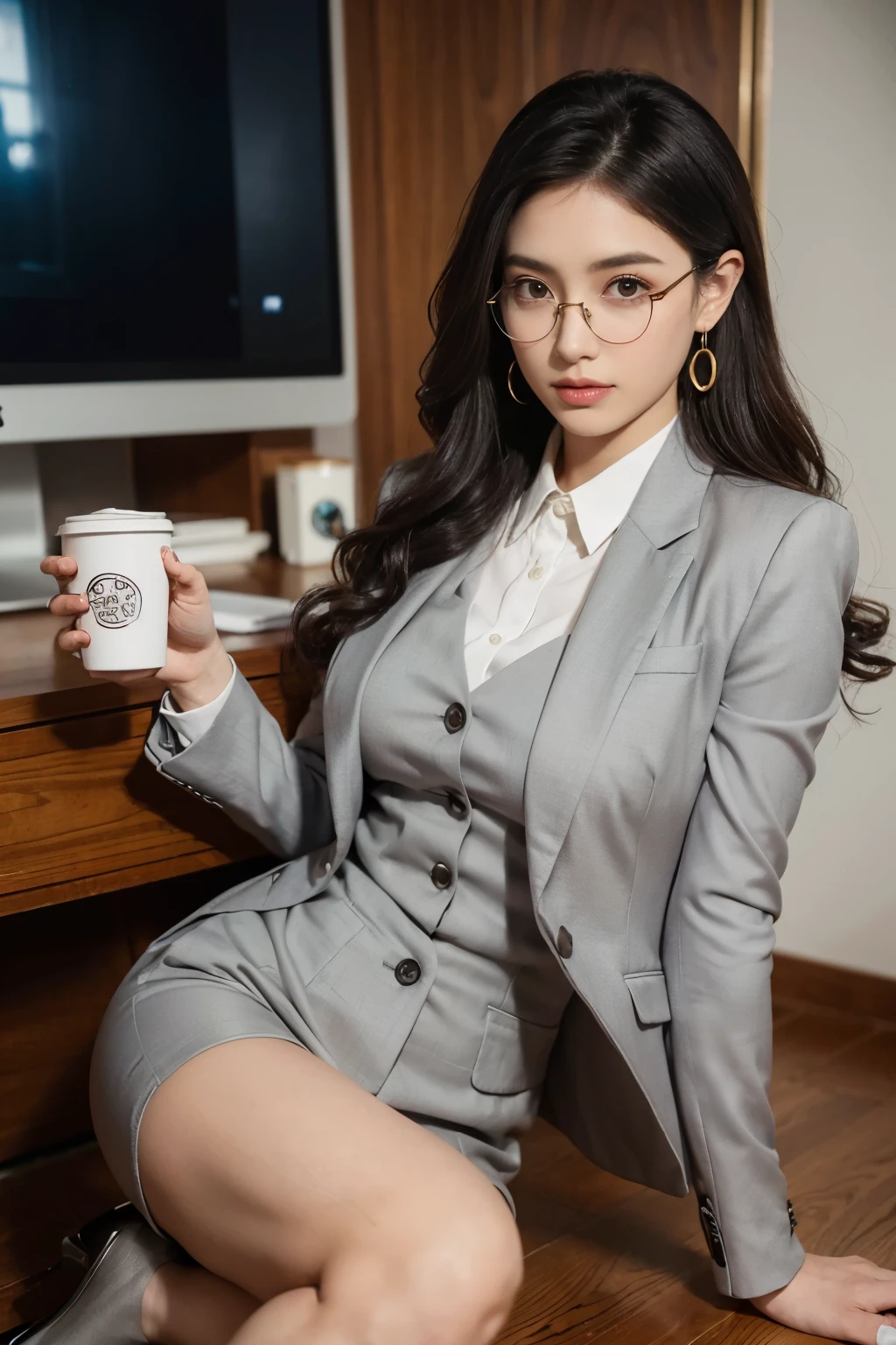 (super detailed, 8k, RAW photo, highest quality), High-definition RAW color photo, professional photos, (realistic, photo-realistic:1.37),Supermodel, 23 years old、 ((In a well-tailored suit)), With a pair of slim heels, Show elegance and confidence, office,computer、 drinking coffee, eyes staring at the camera, coffee cup in hand, curly hair, rimmed glasses, long eyelashes, amber eyes, crystal earrings, parted lips,