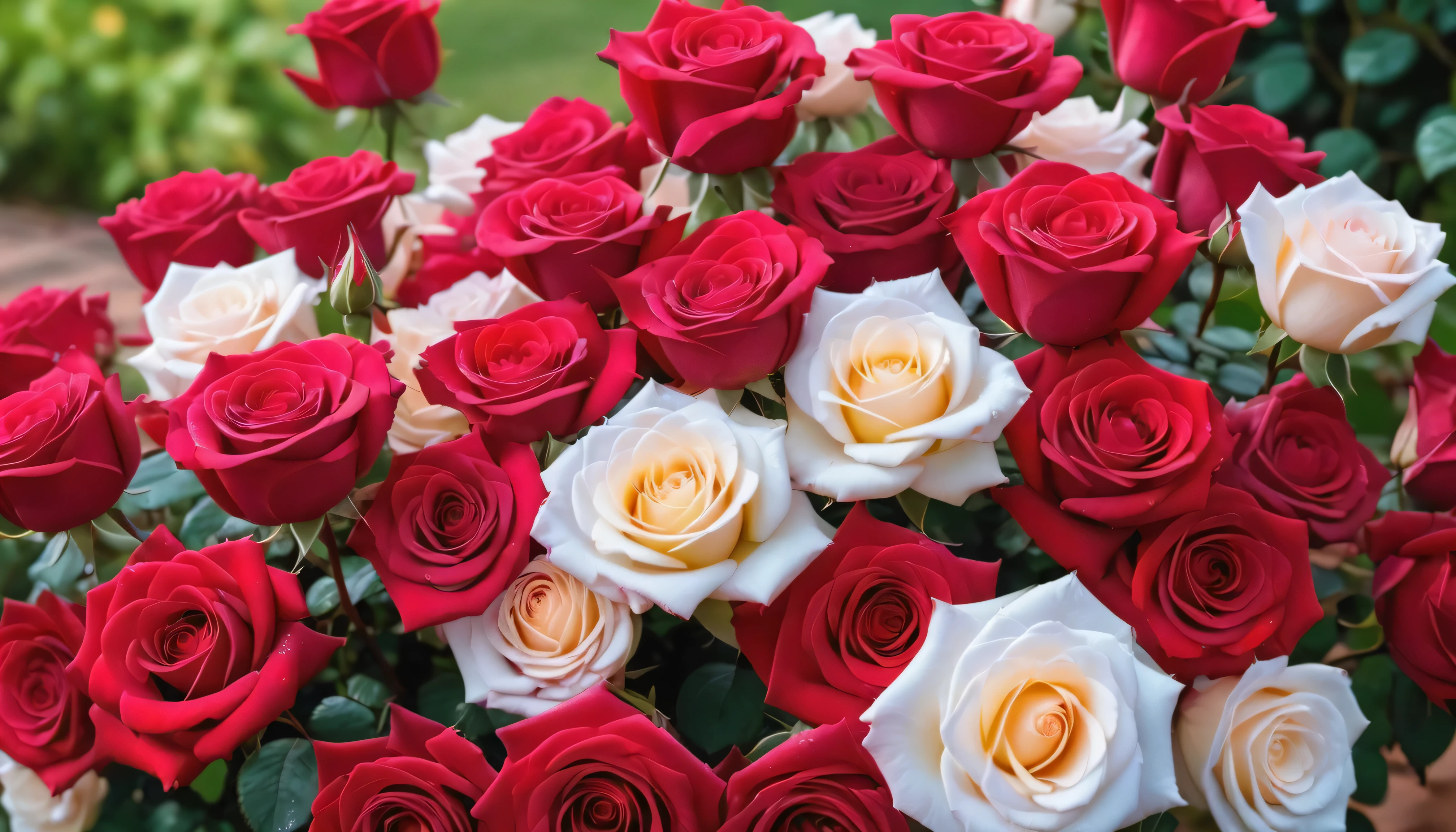 Many red color rose and white color rose flowers in the garden and sunlight with bokeh, dew drops on flower petalasterpiece, ultra quality, high resolution, 8k, intricate: 1.2), (masterpiece), (best quality:1)