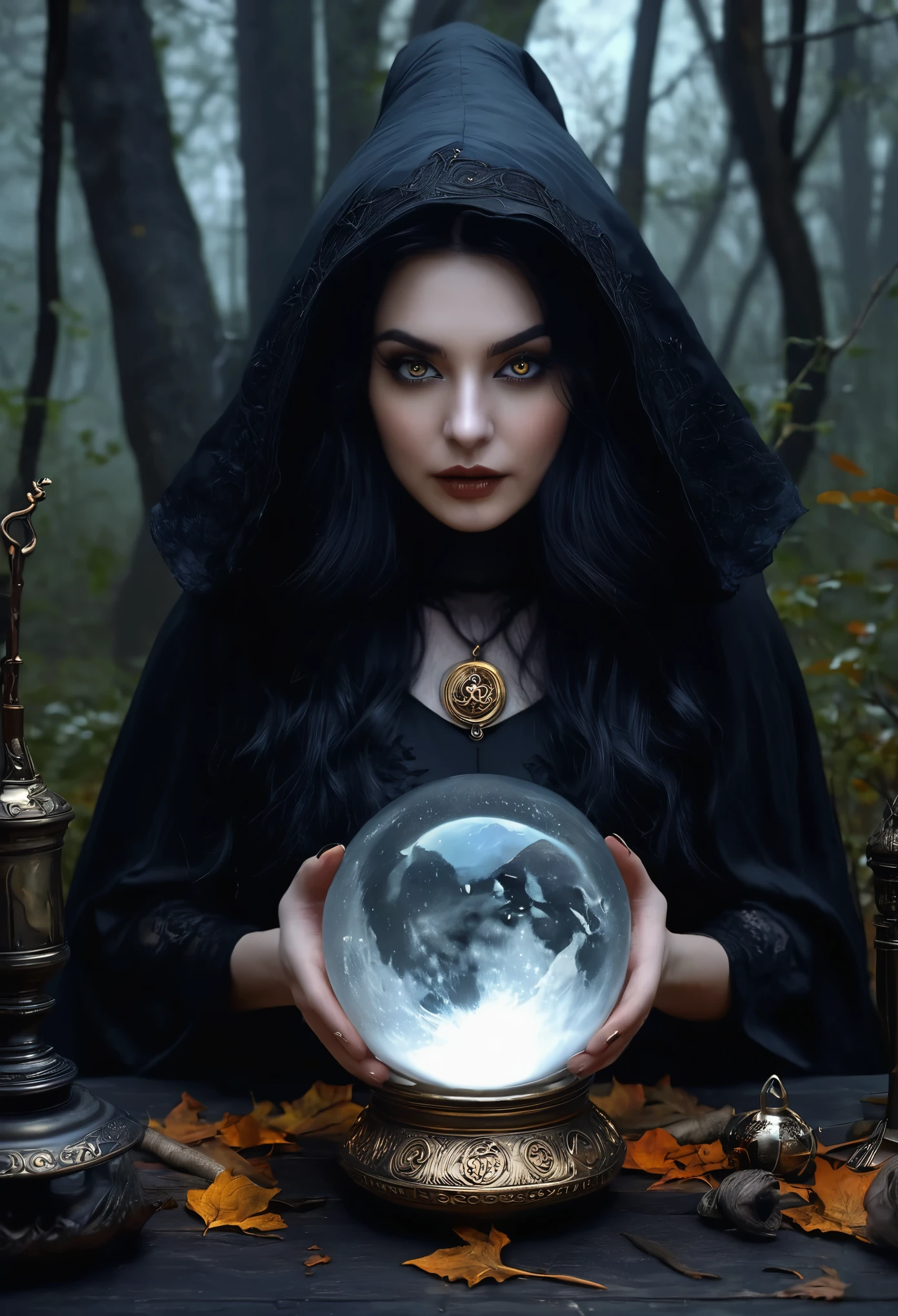 Photo of a female magician holding a glass sphere with a person inside, Depth of written boundary, Cinematic,Black hood,Lots of candles