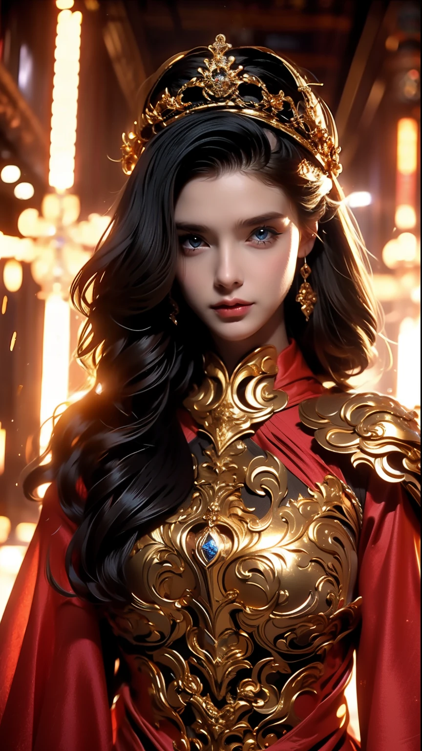 ((Best quality)), ((masterpiece)), (highly detailed:1.3),a woman wearing black armor, long hair. Rights hand Holding a luxury sword, armor war scene, super cute face, super slim body, super slim, small waist, super perfect huge breast, perfect huge round breast, smooth skin, silky hair, blue eye, 16 year old, red robe,blue hijab with a princess crown , luxury golden pattern armor, blonde, fighting style, red lips, blushing, erect nipples ,