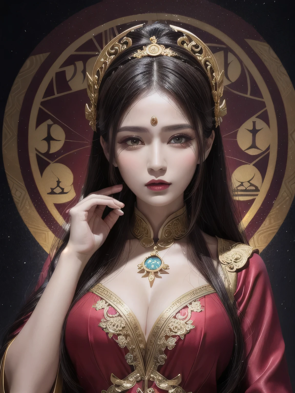 1 goddess of the zodiac from the future, wear the ao dai of the goddess of the zodiac to cover her chest, the goddess of the zodiac wears a bright yellow gold bodice, the goddess radiates a bright pink purple zodiac aura, the stars have the shape of the 12 zodiac signs, the goddess of the zodiac wearing a golden zodiac ao dai with many black details, the mythical goddess of the 12 zodiacs from the future, Zodiac sign ♏, zodiac style, dark and mystic version, Plump , Red lips are balanced and very beautiful, character by karol bak and pino daeni, intricate details, detailed background, many object of background, extra highly detailed, magic lighting, a woman, clearly drawn face, beautiful face and symmetry eyes, big round eyes and very beautiful and detailed makeup, distant focus, silk clothing, mystic adornment, full body portrait, arms loose