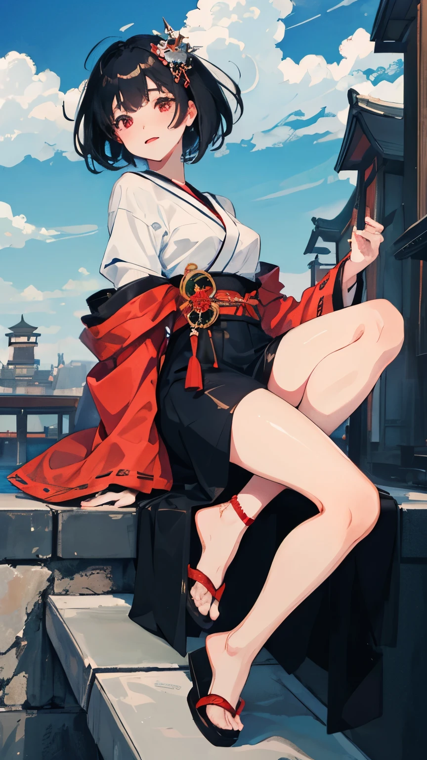 young girl black hair short hair red eyes irreverent face look down thin body thin thighs small breasts small ass toned body blue sky cloud hair blowing in the wind high quality High resolution 8K sitting vampire Japanese style watercolor natural feel Asakusa freckleartial arts ((最high quality)), ((masterpiece)), (become familiar with), look at me and smile, Japanese style red light district Oiran