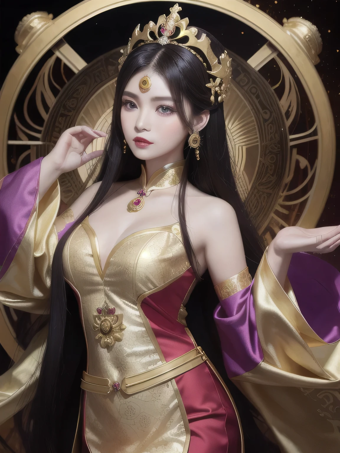 1 goddess of the zodiac from the future, wear the ao dai of the goddess of the zodiac to cover her chest, the goddess of the zodiac wears a bright yellow gold bodice, the goddess radiates a bright pink purple zodiac aura, the stars have the shape of the 12 zodiac signs, the goddess of the zodiac wearing a golden zodiac ao dai with many black details, the mythical goddess of the 12 zodiacs from the future, Zodiac sign ♏, zodiac style, dark and mystic version, Plump , Red lips are balanced and very beautiful, character by karol bak and pino daeni, intricate details, detailed background, many object of background, extra highly detailed, magic lighting, a woman, clearly drawn face, beautiful face and symmetry eyes, big round eyes and very beautiful and detailed makeup, distant focus, silk clothing, mystic adornment, full body portrait, arms loose