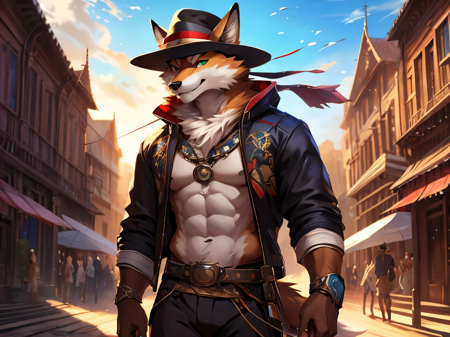 posted on e621, (by Chunie), male, Wolf anthro, solo, light green eyes, (Realistic eye details 1.2), anime character with a hat and a jacket holding a green frisbee, fox nobushi, anthropomorphic shiba inu, pixiv, sfw version, at pixiv, pixiv 3dcg, anthropomorphic fox, an anthropomorphic fox, very very beautiful furry art, pixiv contest winner, zerochan art, sly smile, slim body, full body like, abs, muscular, in a panoramic view, masterpiece, Abstract beauty, ultra detailed face, depth of field, motion blur, high details, high quality, award winning, HD, 16k, (best quality,4k,8k,highres,masterpiece:1.2),ultra-detailed,realistic:1.37,HDR,UHD,studio lighting,extreme detail description,professional,vivid colors,bokeh,lively atmosphere, natural lighting