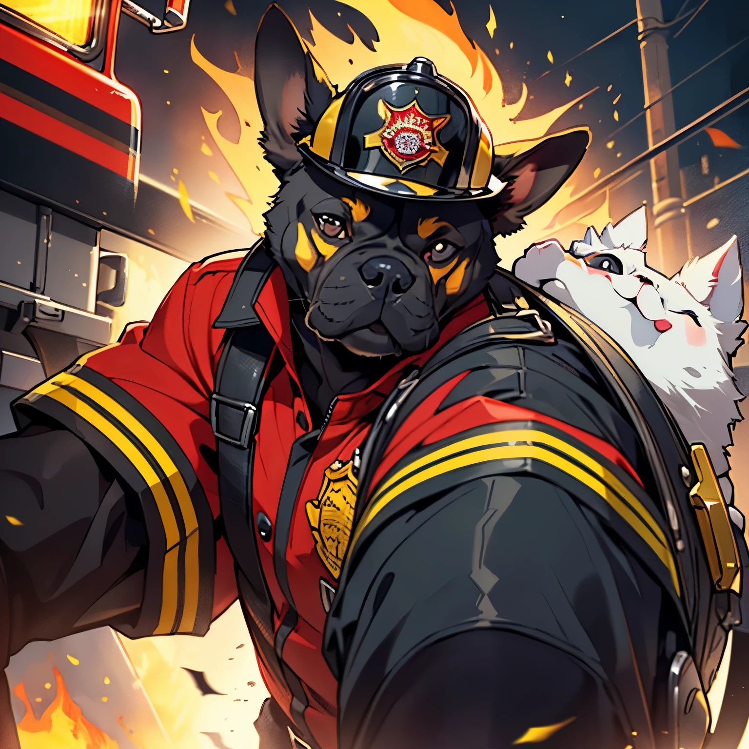 c4tt4stic, Cartoon French bulldog in an American firefighter uniform and helmet (The fur on its body is black, contrasting with the red and yellow firefighter outfit. The peculiarities of the French bulldog's appearance are accentuated in this setting. With its bat-like ears folded back, small muzzle, and expressive eyes, this unusual canine exudes a charming and quirky charm. The firefighter helmet adds a touch of seriousness and determination to its playful demeanor. The uniform's reflective stripes gleam under the bright lights of the fire station, and the snug fit of the uniform highlights the French bul
